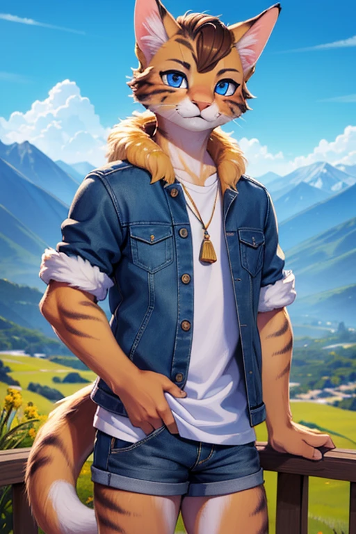 (best quality,4k,8k,highres,masterpiece:1.2),ultra-detailed,realistic:1.37,chico (boy),gato (cat) with long and tousled fur, young,Joven, in the mountains (in the mountains) con ropa cool (with cool clothes), ojos azules (blue eyes), un cuadro (a painting) de gran detalle (with great detail), pelaje amarillo (yellow fur), pelaje realista (realistic fur) y detallado (and detailed).