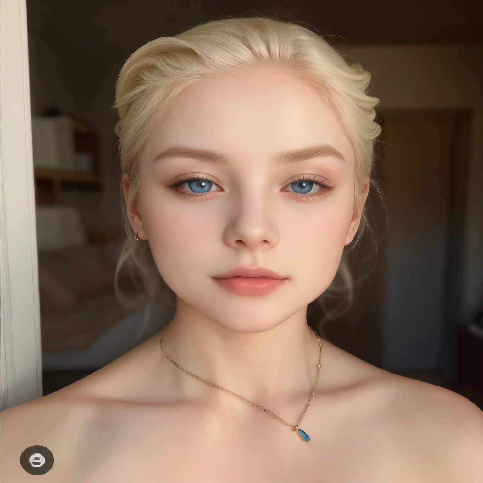 blonde woman with blue eyes and a necklace around her neck, com cabelo branco curto, androgynous face, pale and glowing skin, skin pale as ivory, extremely pale white skin, an epic non-binary model, smooth, pale, flawless skin, smooth and pale skin, very pale white skin, very very pale white skin, androgynous person, cabelo claro