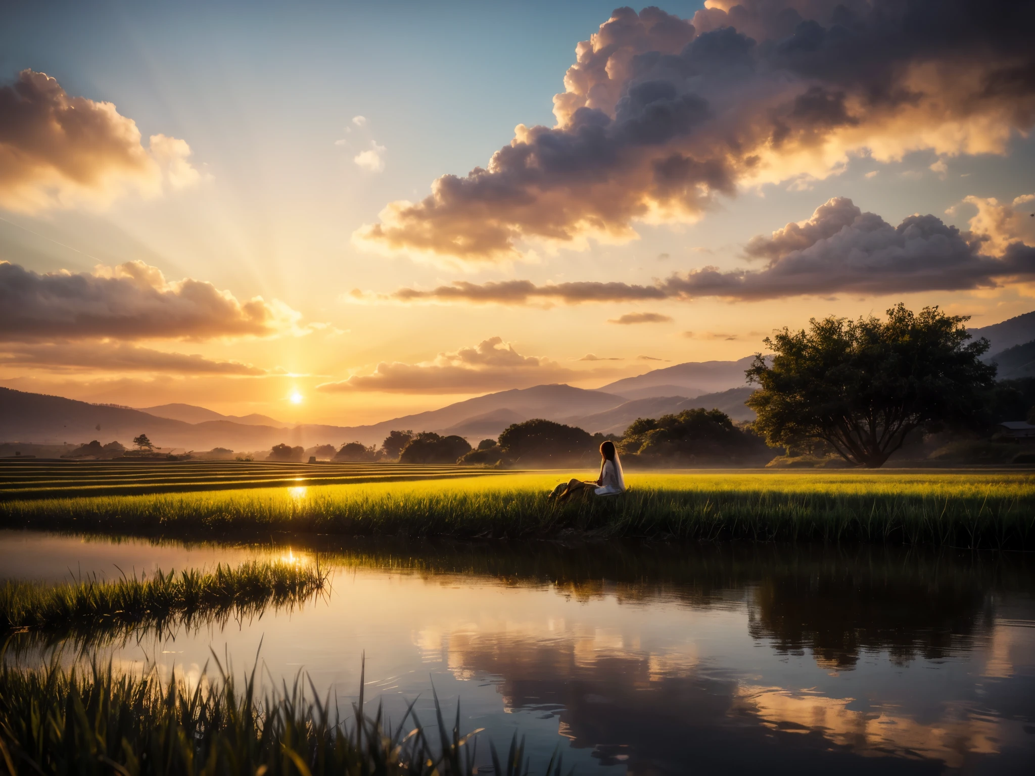 (best quality,4k,8k,highres,masterpiece:1.2),ultra-detailed,(realistic,photorealistic,photo-realistic:1.37),rice field, peaceful rural landscape, terraced fields, sunset, sky and sea, girl looking at the sun setting into the sea, autumn, rice is ripening, beautiful detailed eyes, beautiful detailed lips, extremely detailed eyes and face, long eyelashes, tranquil atmosphere, golden colors, warm sunlight, gentle breeze, serenity, glowing horizon, vibrant colors, soft silhouettes, fields stretching into the distance, stunning natural beauty, shimmering water reflections, serene rural life, flowing gradients, picturesque scenery, vast expanse of fields, tranquility, harmony with nature, melted gold, a sense of tranquility and peace, fine lines and textures, abundance of nature, bountiful harvest, a touch of nostalgia, layers of terraces, ethereal beauty, a moment of reflection.