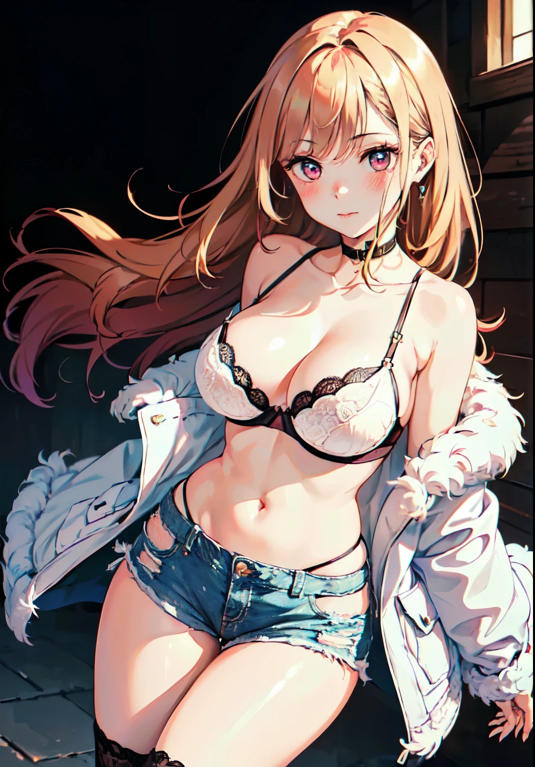 ((((masterpiece, best quality, high resolution)))), 1 girl, average breasts, blush, faint smile, glow, thigh, bare shoulders, clavicle, Willow Yao, split, (Beautiful and delicate face, Beautiful and delicate eyes), (oversized short faux fur coat, White lace bra, ripped denim shorts, High heel),