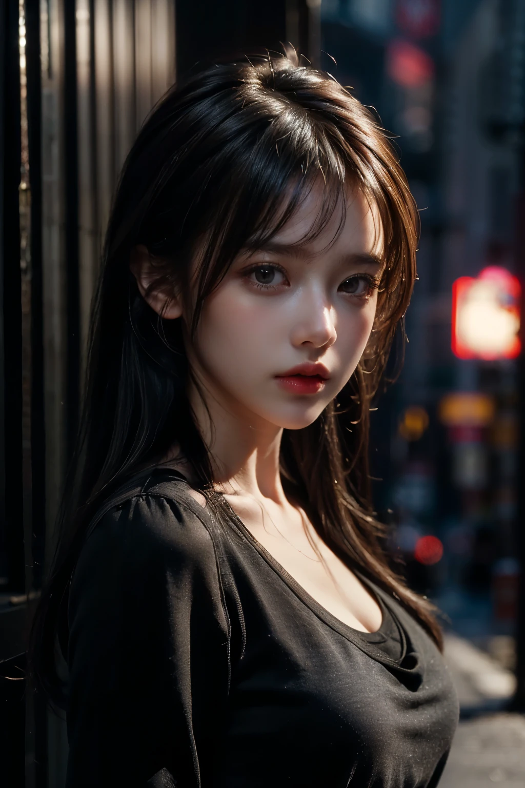1girl, (looking at viewer:1.2), detail face,  (a girl standing, rending on cgsociety, black shadows, streaming, new york backdrop), romanticism, atmospheric, (RAW photo, best quality), (realistic, photo-realistic:1.3), masterpiece, an extremely delicate and beautiful, extremely detailed,