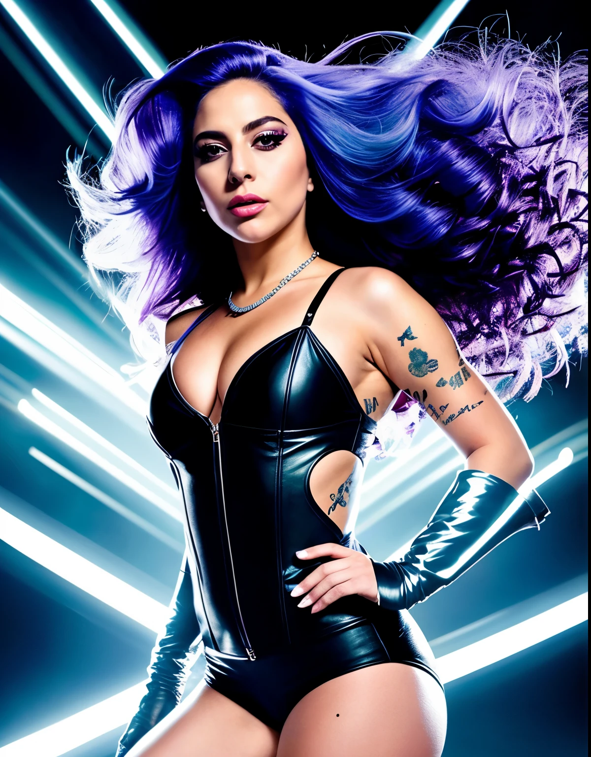 Lady GaGa traje de los xmen,CUERPO COMPLETO,textura 4K, cabello azul, calidad alta, cuerpo completo,varias poses corporales,rostro realista en 8k,peinado extravagante, Original album cover, imagen 8k, futurista, alta calidad de imagen, en la noche, accesorios en el cabello, imagen 8k, rostro realista en alta calidad, cuerpo completo, diferentes poses corporales, alta calidad en el rostro, rasgos definidos,HD, rostro realista y definido 4k, dramatic poses