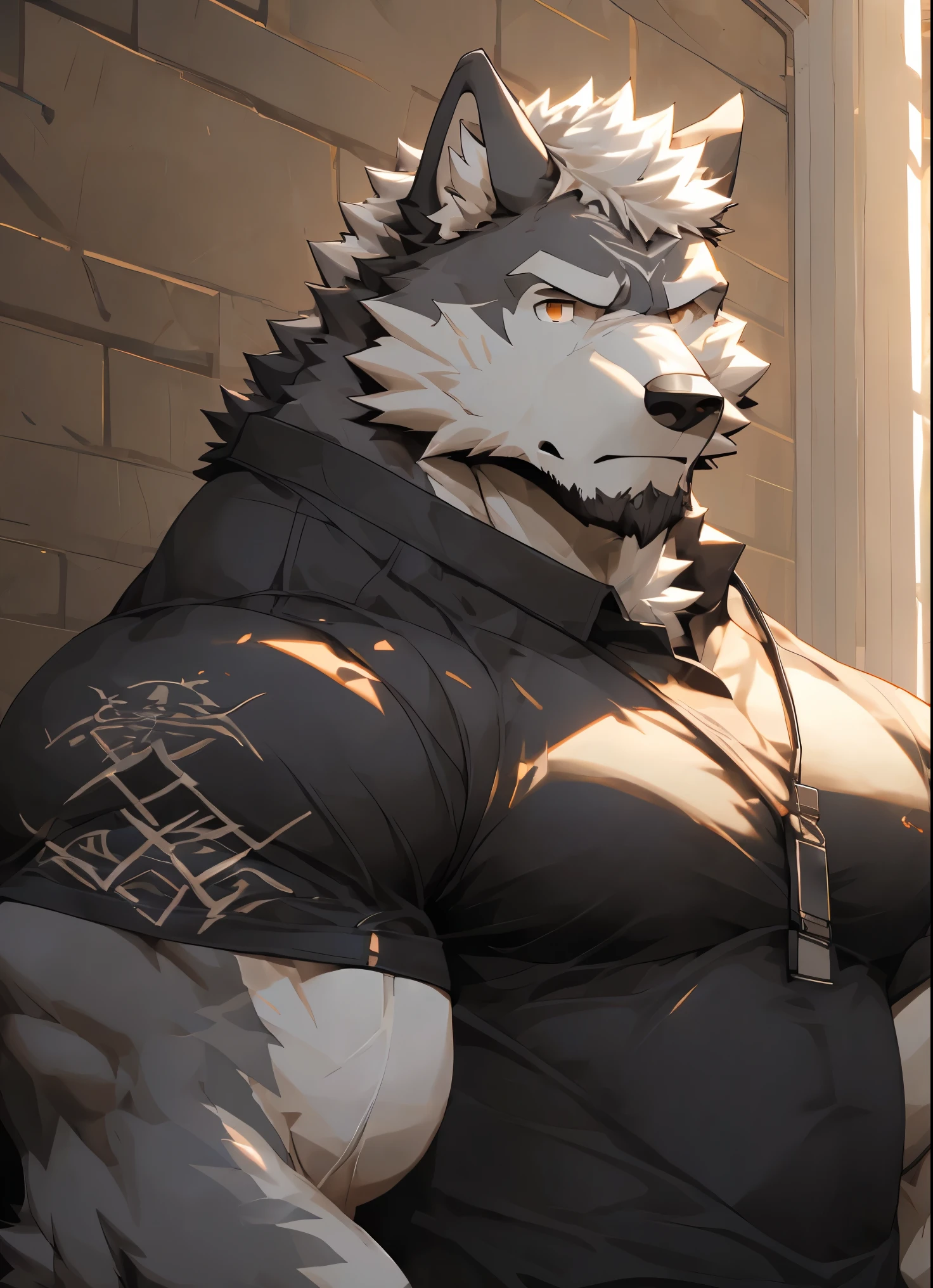 (masterpiece),(Very detailed),(Very detailed),(best quality),hairy,Wolf,gray fur,white hair,golden pupil muscles,Strong physique,serious,(Black casual wear (Open 1.2)),((wall shot)),8k,((high quality))