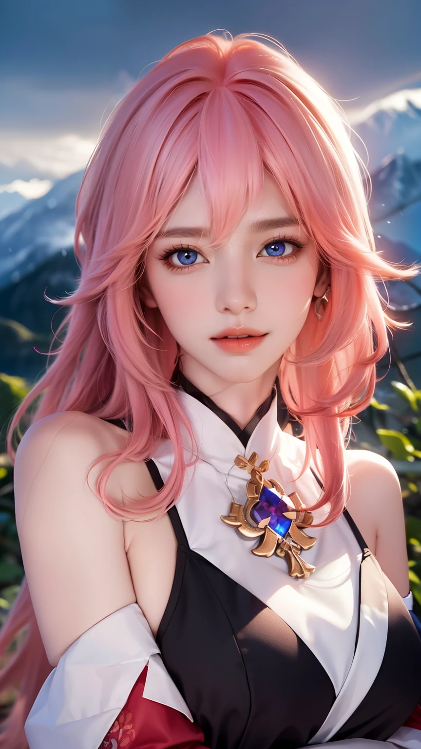 (8k, top quality, masterpiece:1,2), (realistic, Realism:1.37), Ultra-detailed, a girl,), (Very detailed), (Beautiful and delicate eyes), (highest quality), (super detailed ), (masterpiece), (Detailed face),20 years old, ,1 girl, whole body, pink hair,very long hair, big breasts, Wear a black off-shoulder shirt, perfect lighting, and breast focus, looking at the audience, excited face, naughty face, mountains, forest, birds, ((Princess, Variza, 白雪Princess:1.5, disney, playing with birds, ))