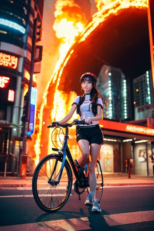 cute anime girl rides a bicycle, in running shorts, short shorts, A complex fire structure in a futuristic city