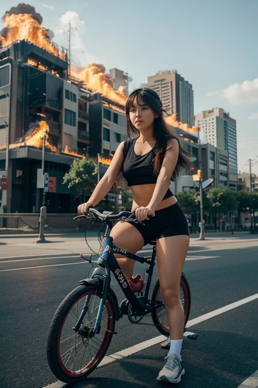 cute anime girl rides a bicycle, in running shorts, short shorts, A complex fire structure in a futuristic city