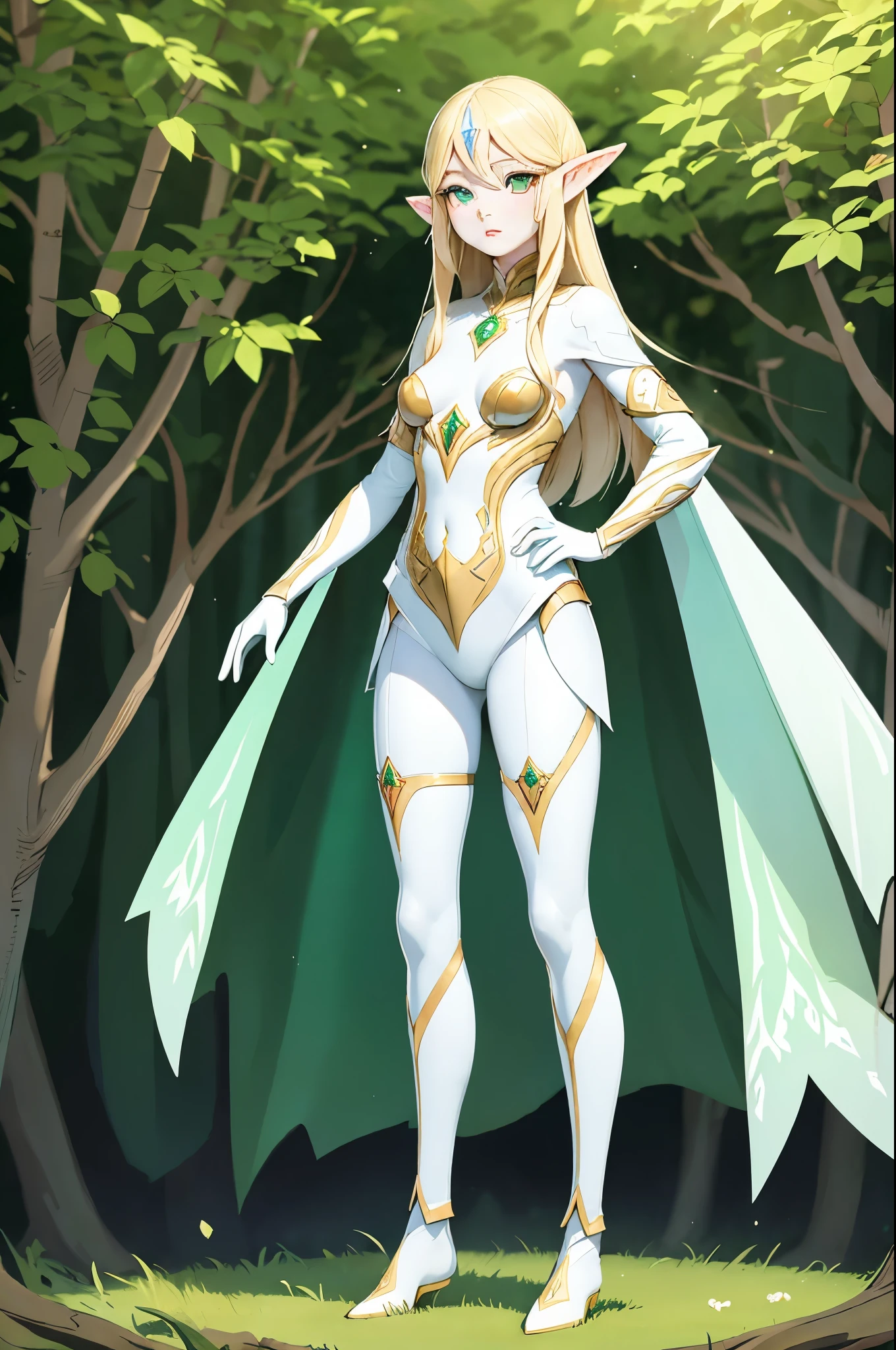 (masterpiece, best quality), (full body:1.6), standing (small fighting elven 1girl:1.6),(magical),(cute,adorable:1.3),blonde hair, green eyes, medium breast, beautiful, detailed, enchanted breastplate with precious gemstones, white thigh-high greaves, seductive pose, in a forest, magic flora, detailed face and eyes, volumetric light,(ultra quality skin:1.7),