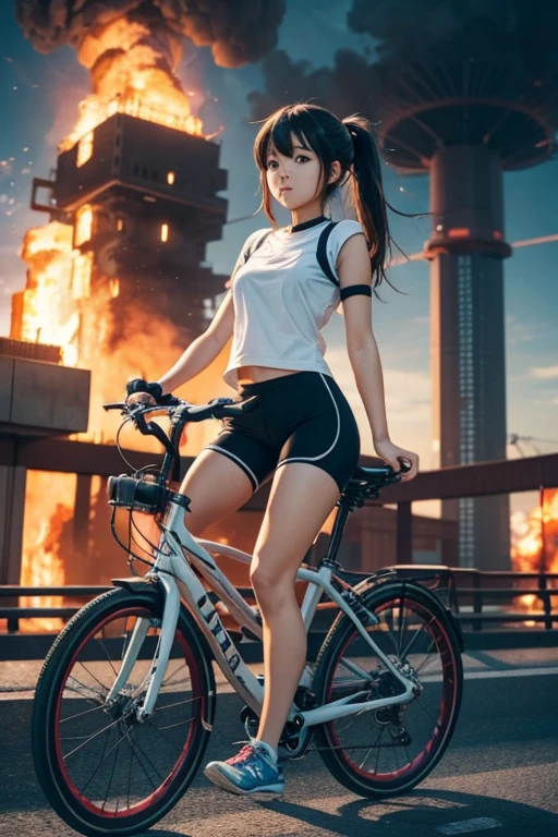 cute anime girl rides a bicycle, in running shorts, short shorts, A complex fire structure in a futuristic city
