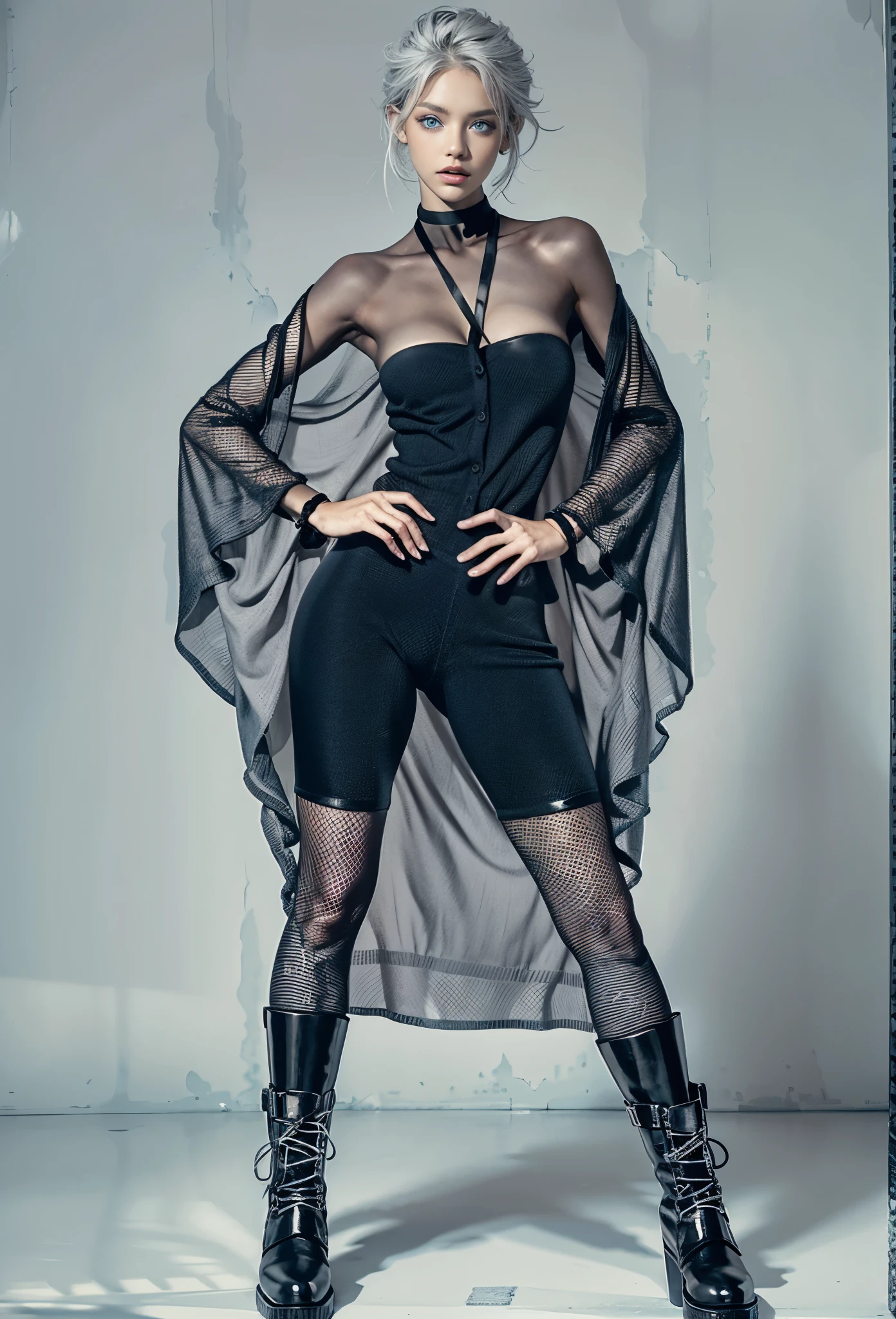 mode fashion collection, highly detailed, beautiful, masterpiece, best quality, Geometric style, abstract beauty, Beautiful and cute perfect model, white, all body shot, standing and posing, BREAK (layered over a black tube top:1.3), (((Fish net, Rough knitting, Cardigan made of fishnet, black theme, oversized and loosely fishnet design:1.2), long sleeves):1.2), (open front:1.1), BREAK (paired with cotton 7/8 Leggings:1.3), (ankle Thick-soled boots:1.2), (gray hair, blue eyes:1.4),