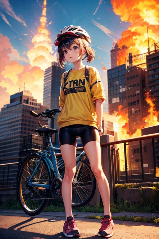 cute anime girl rides a bicycle, in running shorts, short shorts, A complex fire structure in a futuristic city