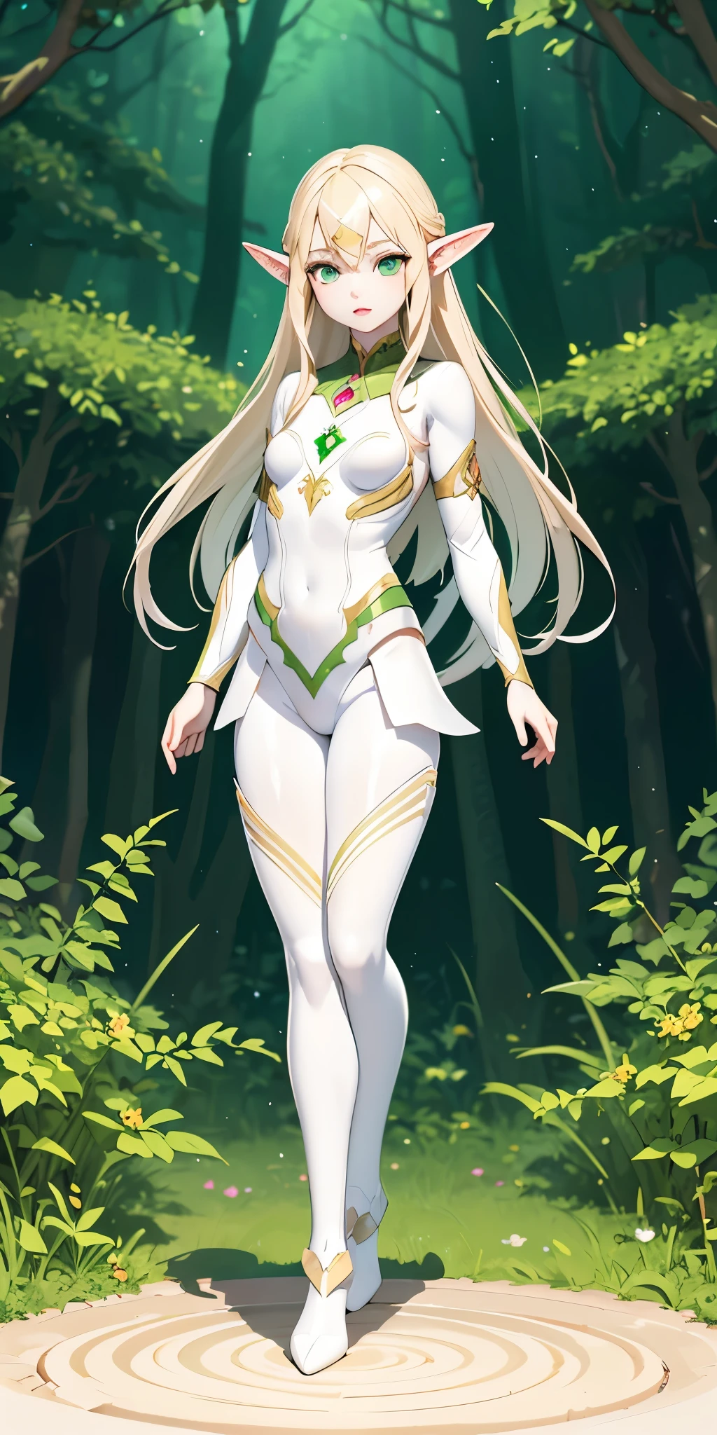 (masterpiece, best quality), (full body:1.6), standing (small fighting elven 1girl:1.6),(magical),(cute,adorable:1.3),blonde hair, green eyes, medium breast, beautiful, detailed, enchanted breastplate with precious gemstones, white thigh-high greaves, seductive pose, in a forest, magic flora, detailed face and eyes, volumetric light,(ultra quality skin:1.7),