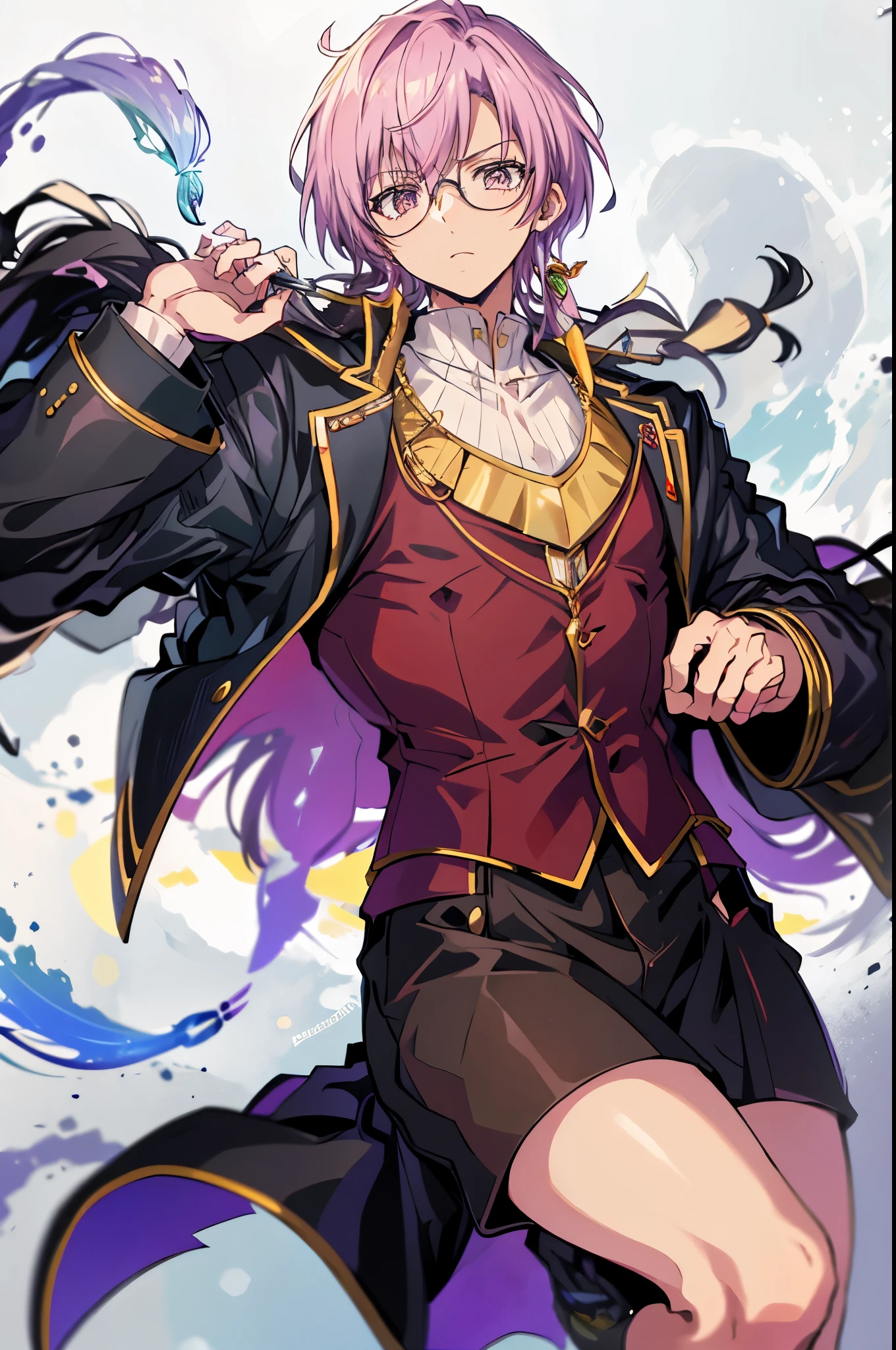 A serious man with glasses, light hair, light eyelashes, fantasy based clothes, wizard, handsome, bishonen, mysterious young man, cold colors, library, high quality, vivid colors, sharp and defined lines, nerdy but cute