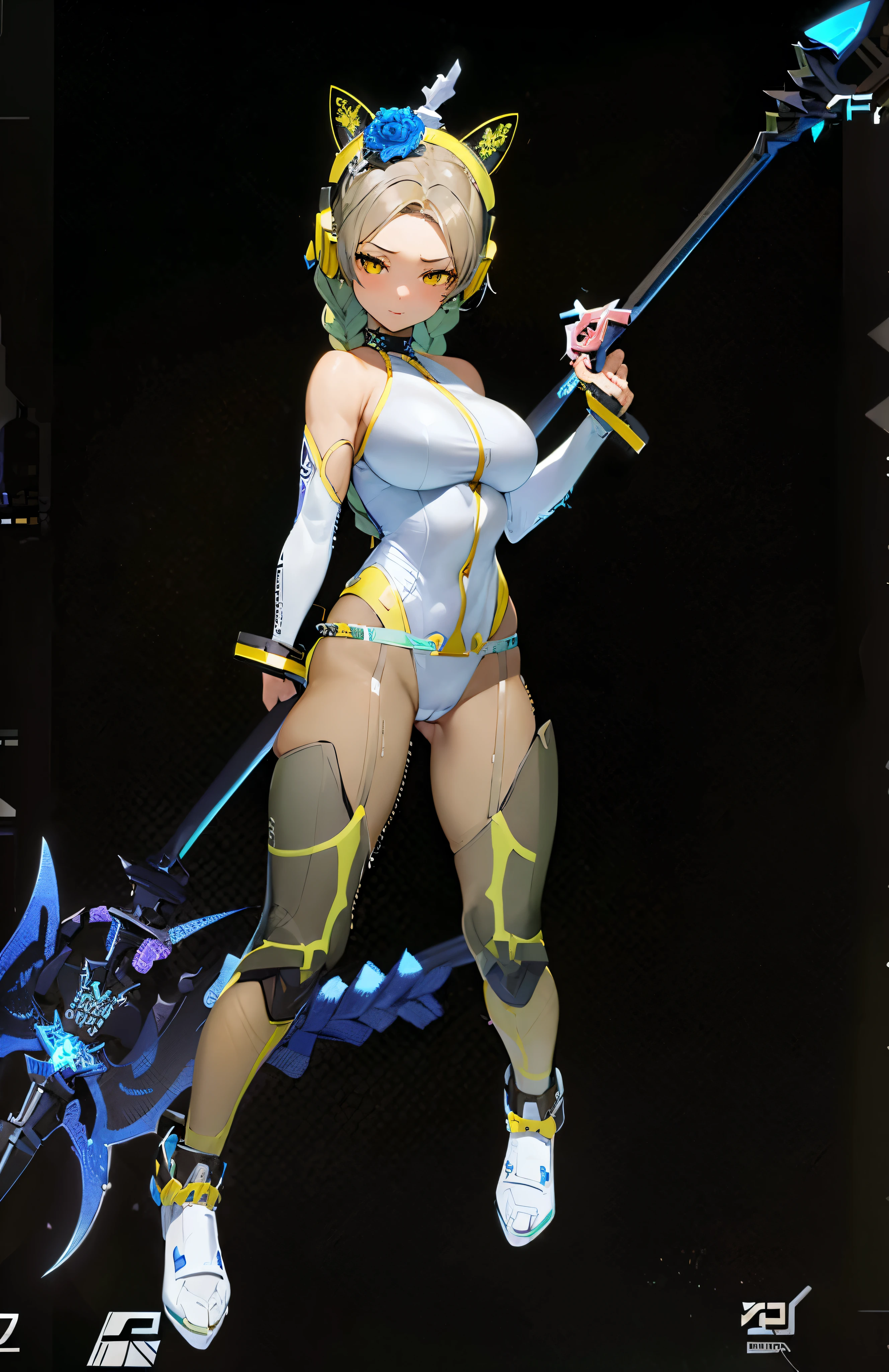 a close up of a woman in a costume holding a scythe, female, katana zero video game character, cyber suit, clothed in cyber armour, cyber fight armor, rogue anime girl, shy blush, wearing a ?????, highheels, fullbodyshot, model pose, chocker, ????????, big ???, big thighs, toned body, detailed ???????, anatomically correct, highcut leotard, highleg leotard, twin braids, braided hair, glossy lipstick, yellow eyes, highleg, g-string leotard, full body shot, high_res, high tension, stretched fabric, wedge, high_resolution, very_detailed, ????????, masterpiece, best quality, absurdres, highres, 4k, ray tracing, intricate details, highly detailed, ???????????, huge ???, full_body, ultra ????, very high detail, detailed clothing, detailed textures, full body in shot, color harmony, pleasent colors, vibrant, cat earphones, yellow painted fingernails, yellow nailpolish, makeup, mascara, eyeliner, blue eyeshadow

