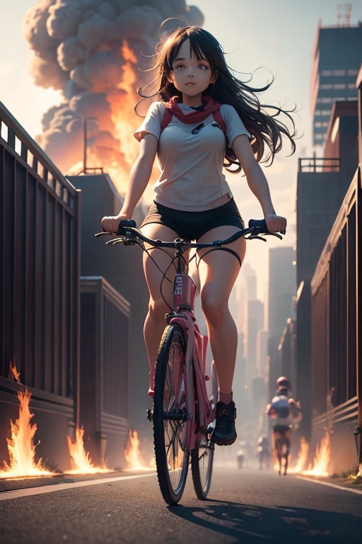 cute anime girl rides a bicycle, in running shorts, short shorts, A complex fire structure in a futuristic city