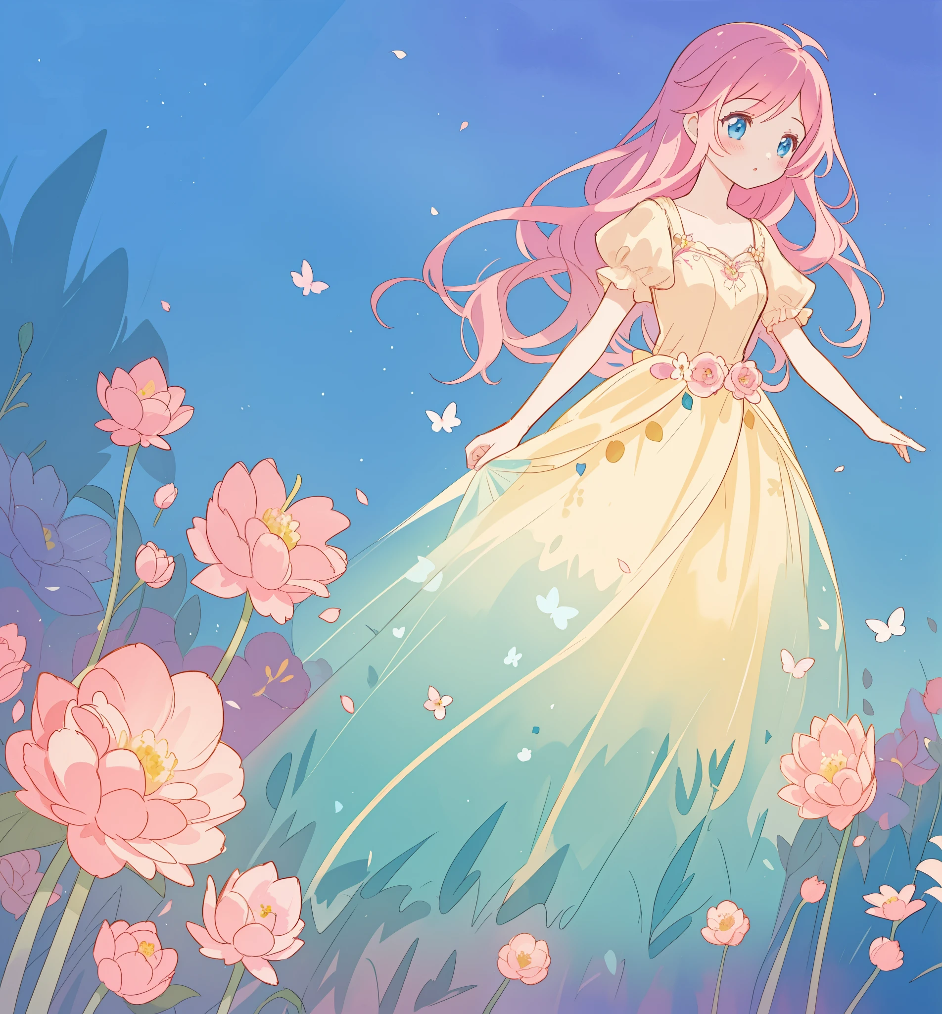 beautiful girl in puffy gradient ballgown, a field with round puffball pink flowers, otherworldly flowers, whimsical landscape, long pink flowing hair, watercolor illustration, inspired by Glen Keane, inspired by Lois van Baarle, disney art style, by Lois van Baarle, by Glen Keane, jen bartel, digital painting, beautiful digital illustration, fantasia otherworldly landscape plants flowers, beautiful, masterpiece, best quality, anime disney style