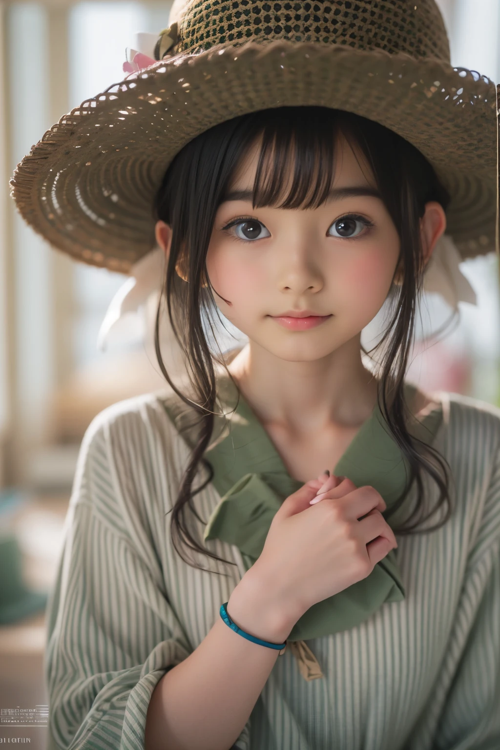 Ultra High Resolution, (Realistic: 1.4), RAW Photo, Best Quality, (Photorealistic), Focus, Soft Light, ((15 years old)), ((Japanese)), (Front, Young Face))), (Depth of Field), (One Piece), Masterpiece, (Photoreal), Woman, Bangs