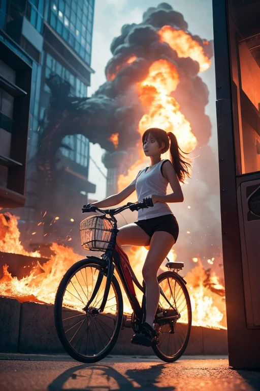 cute anime girl rides a bicycle, in running shorts, short shorts, A complex fire structure in a futuristic city