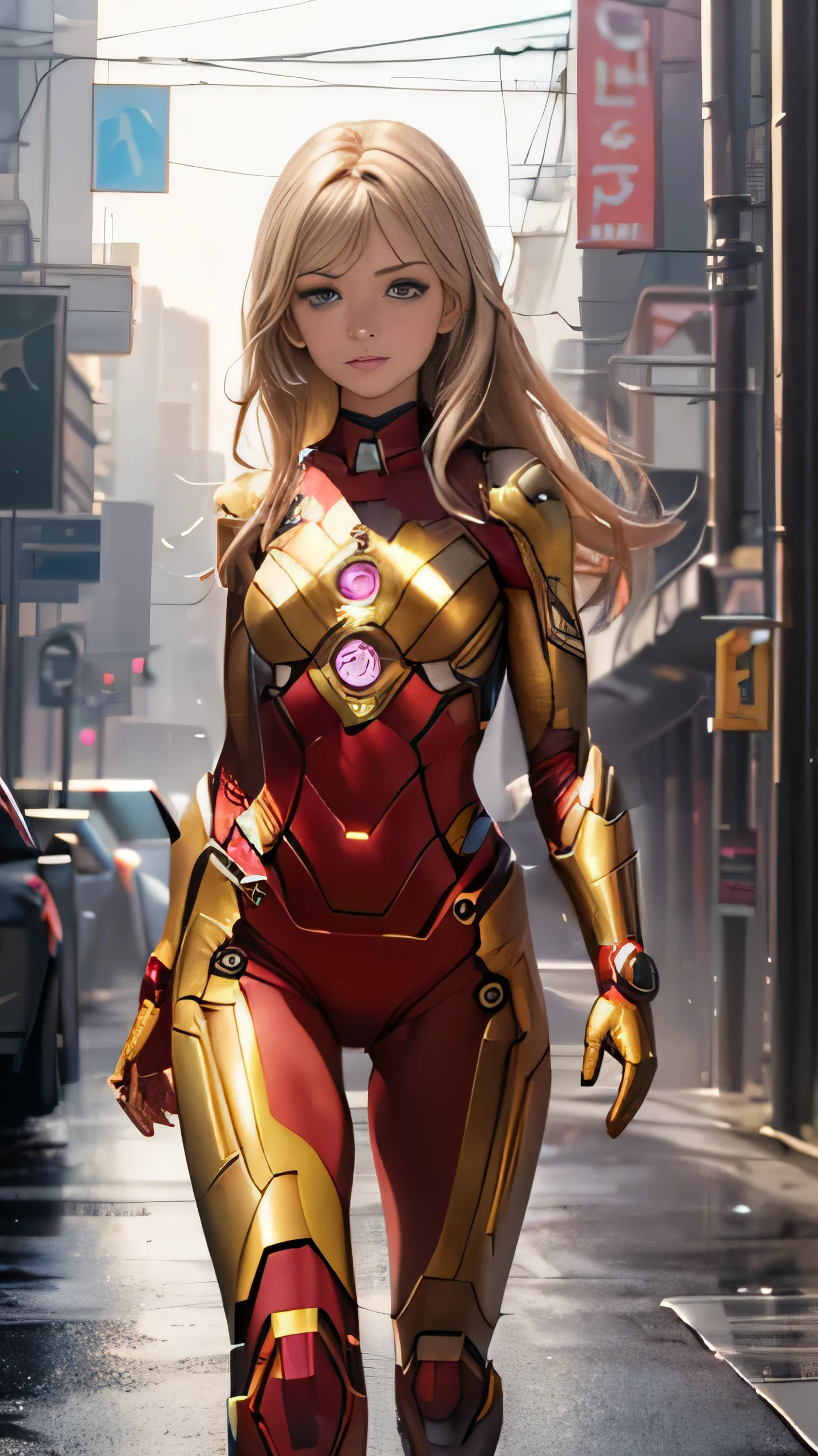 ((masterpiece, 8K, 3D, Realistic, Super Detail)), (1girl:1.3), slender 17 age, Ultra Micro photography, Super realistic, Perfect face, Beautiful features, ((Perfect female body)) Beautiful features, ( body), ((small hip)), Melissa Benoist as Yellow as ironman ((Exposed thigh)), Exposed Skin, Front Full body Shot, full body portrait, futuristic city background