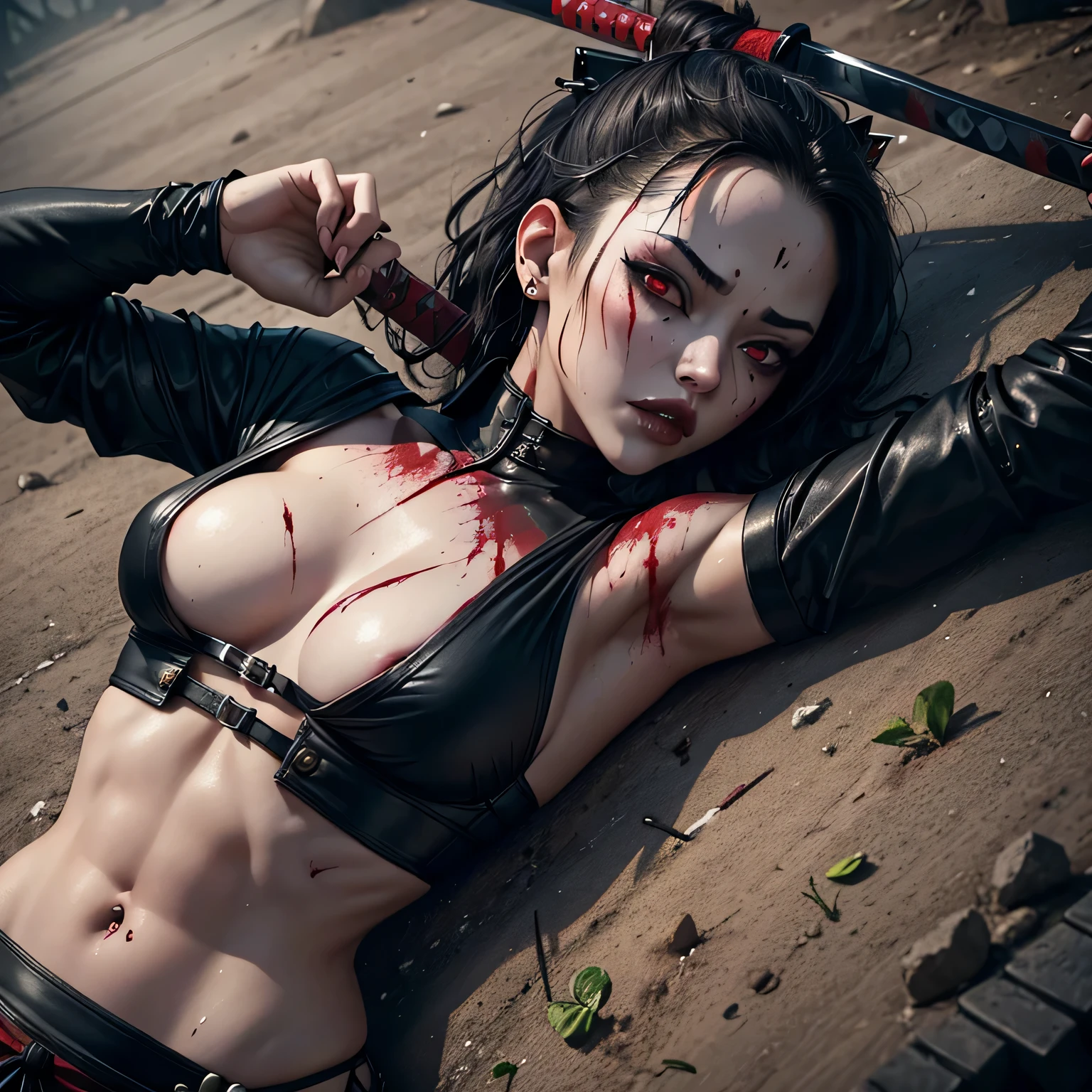 1 girl, sexy, beautiful samurai, katana, samurai, muscular abs, navel, fantasy, sensual, cropped corset goth top, beautiful asian goth girl, sexy, deep navel, heavy goth makeup, armpit, fighting, sweaty skin, blood, wounded, undead, red blood, horror, goth horror, samurai, near death, injured, tired, goth horror, horror, haunted, dripping blood, blood painted skin, blood all over the place, lay down on ground, wet skin, black eyes, red eyes, eyes hurt, navel pierced, blood in navel