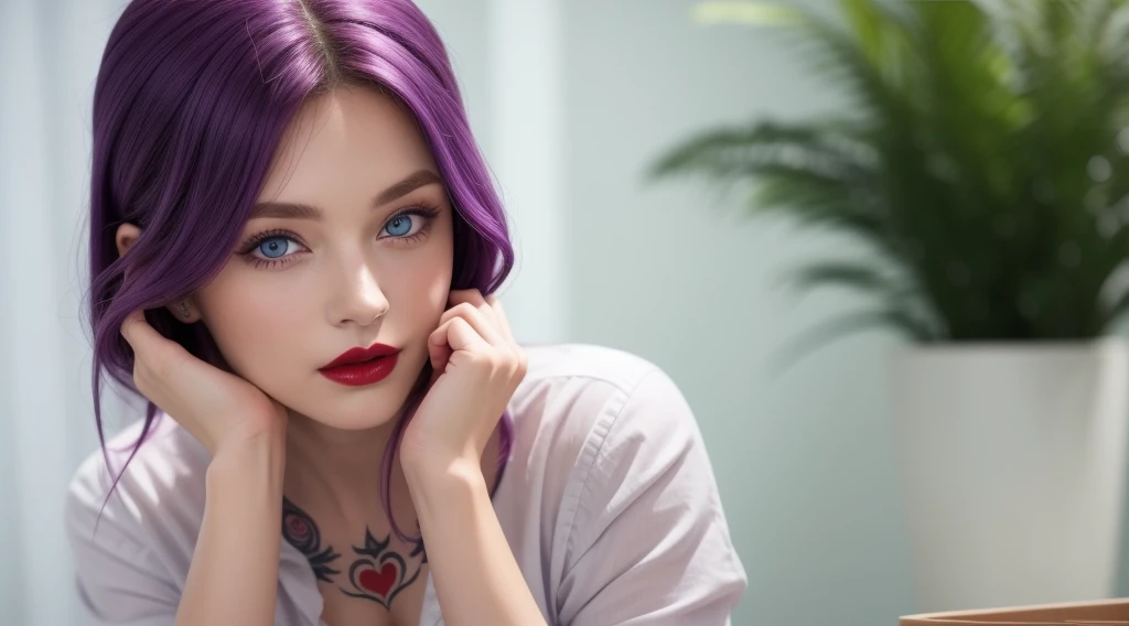 1girl, blue eyes, transparant shirt, red lips, purple hair, tattoo
