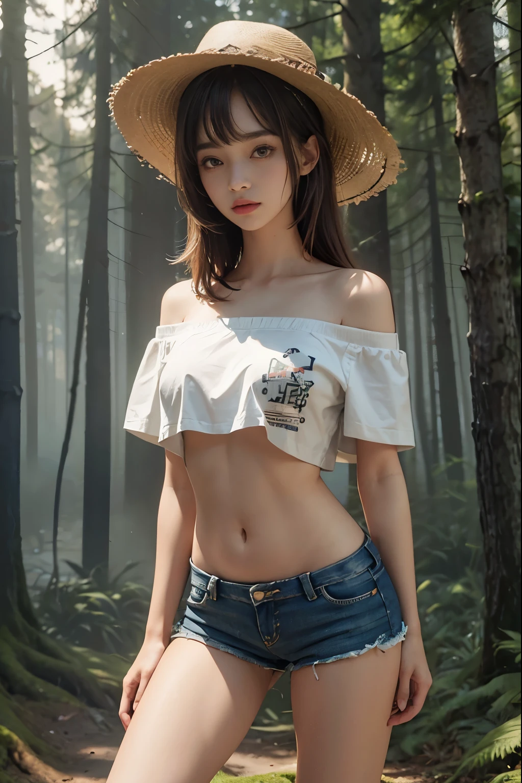 landscape, summer, night, forest, Campfire in one place, unmanned, Nobody, Starry Sky, HD detailed, Super detailed, movie, Hyperrealism, Soft Light, Deep focus bokeh, Ray Tracing, Hyperrealism. , アートステーション pixiv Gwise, Makoto Shinkai, ArtJam, 1girl, White sports bra、Cleavage、Big Breasts、Short denim、Muscular thighs、masterpiece, 最high quality, high quality, High resolution,