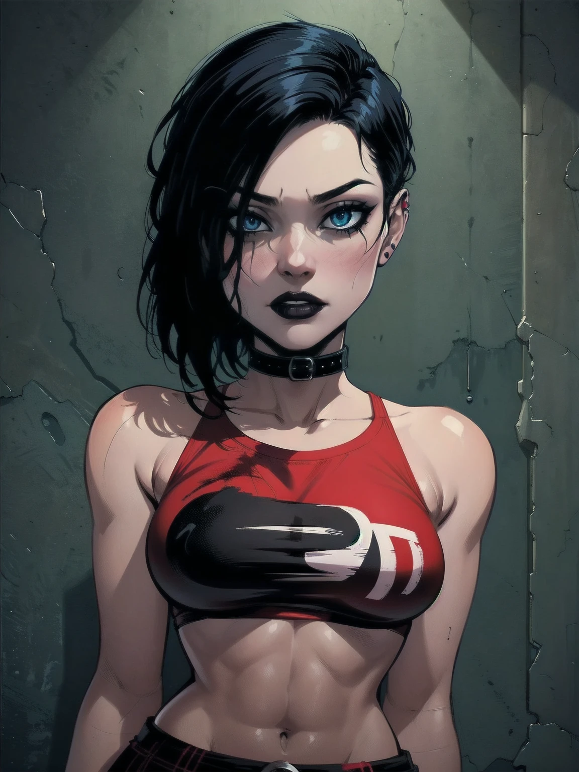 a woman with short black hair, hair on shoulders,  wearing a red t-shirt  and plaid skirt, blue eyes, zombie art, gothic art, cute aesthetic with vibe, toon aesthetic, wearing red costume, wearing gothic accessories, look like Cassie Hack, upper body, horror background