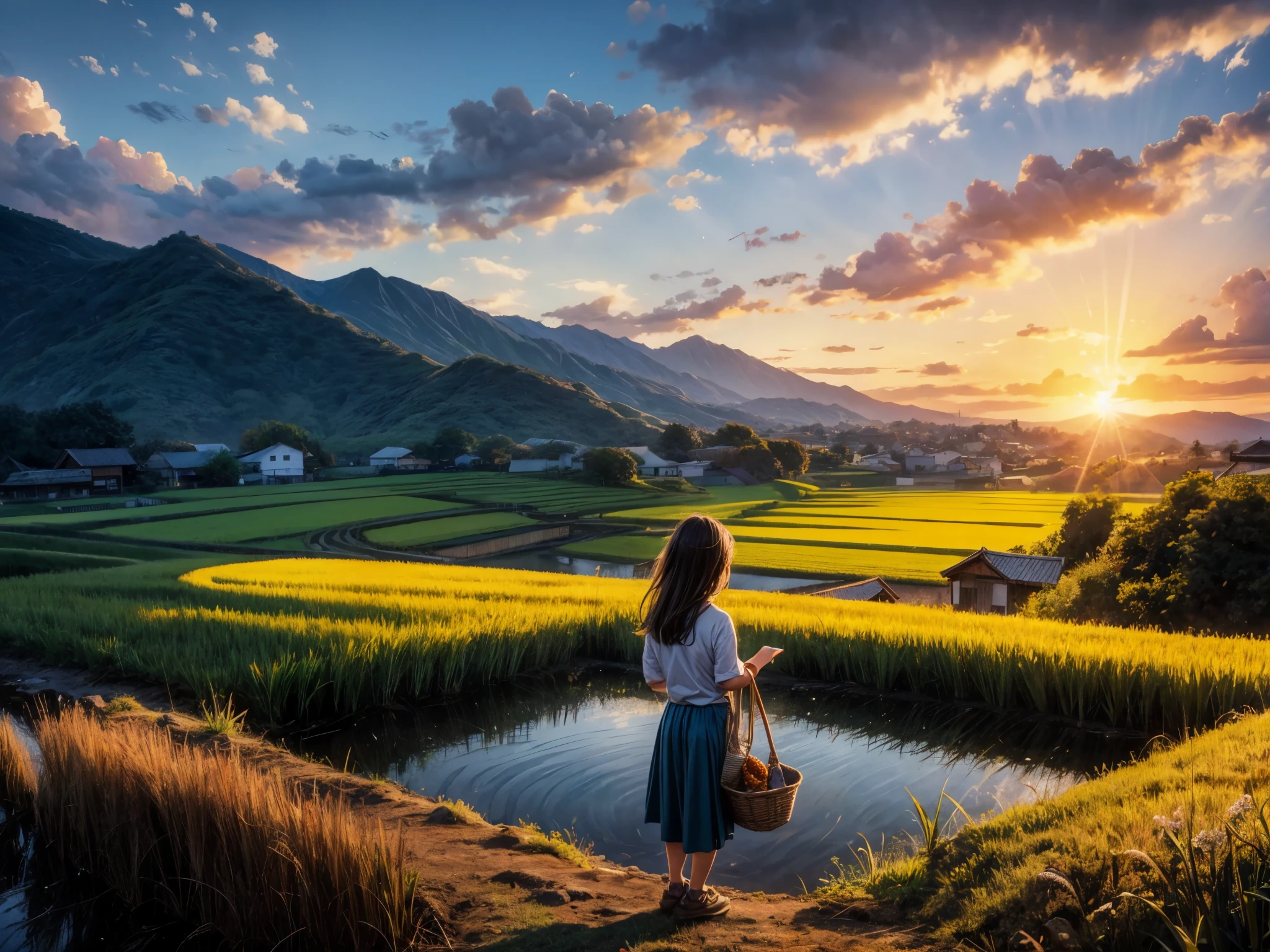 (best quality,4k,8k,highres,masterpiece:1.2),ultra-detailed,(realistic,photorealistic,photo-realistic:1.37),HDR,UHD,studio lighting,ultra-fine painting,sharp focus,physically-based rendering,extreme detail description,professional,vivid colors,bokeh,portraits,landscape

rice paddy, peaceful rural scenery, terraced fields, autumn, ear of rice, a girl looking at the sunset, sky and sea, sun setting over the sea, warm color tones, golden sunlight, soft and gentle lighting