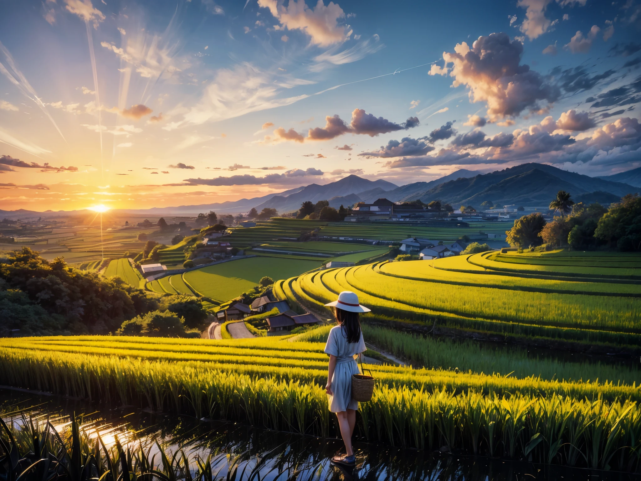 (best quality,4k,8k,highres,masterpiece:1.2),ultra-detailed,(realistic,photorealistic,photo-realistic:1.37),HDR,UHD,studio lighting,ultra-fine painting,sharp focus,physically-based rendering,extreme detail description,professional,vivid colors,bokeh,portraits,landscape

rice paddy, peaceful rural scenery, terraced fields, autumn, ear of rice, a girl looking at the sunset, sky and sea, sun setting over the sea, warm color tones, golden sunlight, soft and gentle lighting