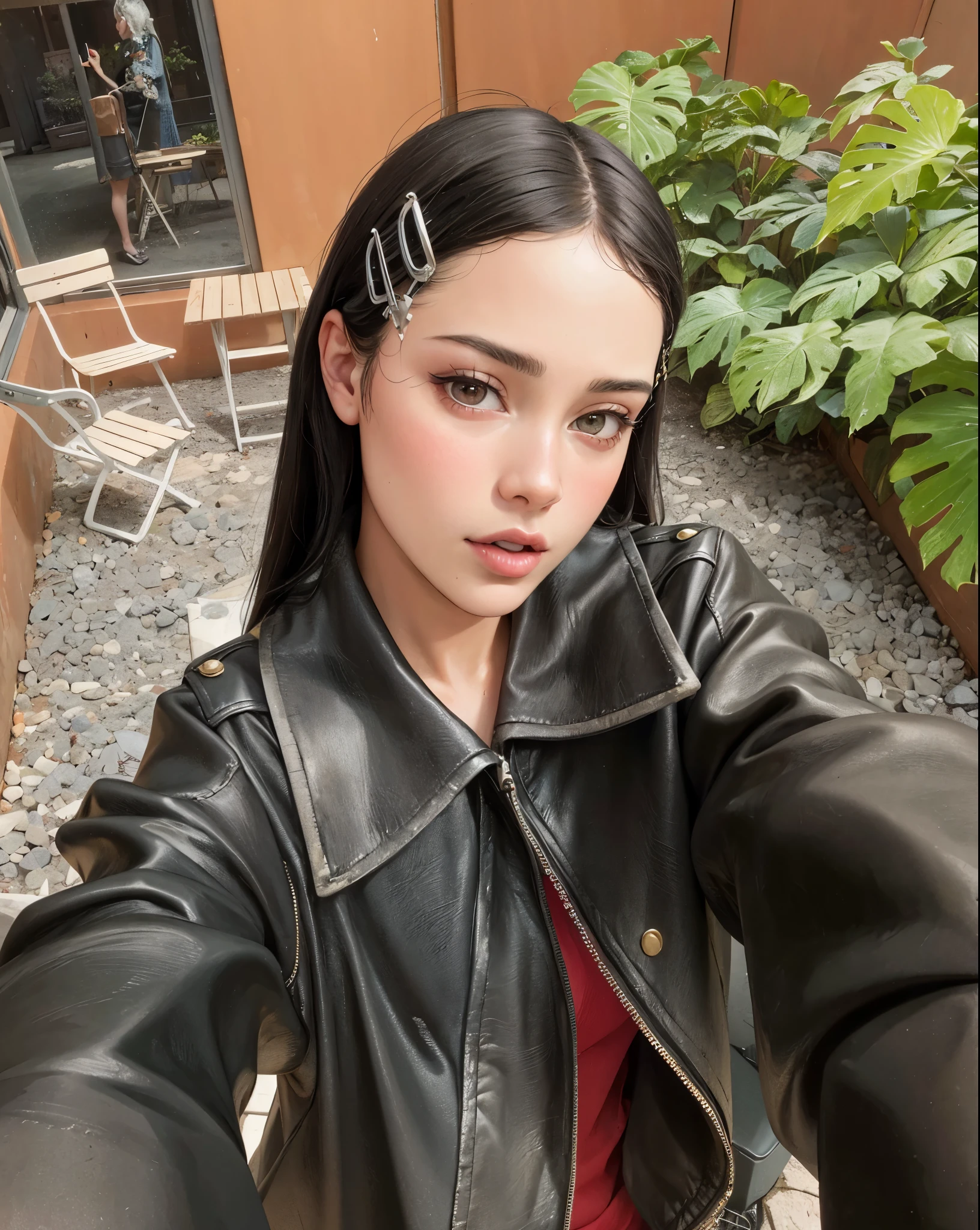 there is a woman taking a selfie with a cell phone, bella poarch, charli xcx, Retrato de Sophie Mudd, julia gorokhova, Dua Lipa, Kendall Jenner, estilo de julia razumova, with an old leather jacket from the 50s, Dasha Taran, cara como ester exposito, anastasia ovchinnikova