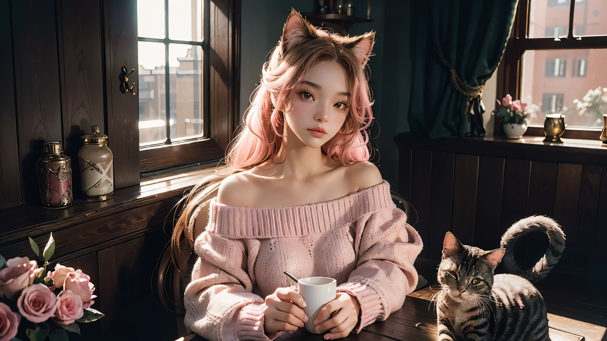 best quality, masterpiece, ultra high resolution, (authenticity: 1.4), original photo, 1 girl, light, indoor, pink off-shoulder sweater, Sunlight, Tyndall effect, cat ears headwear, long hair, cute big eyes, flowers, Extreme light and shadow, cat in hand,