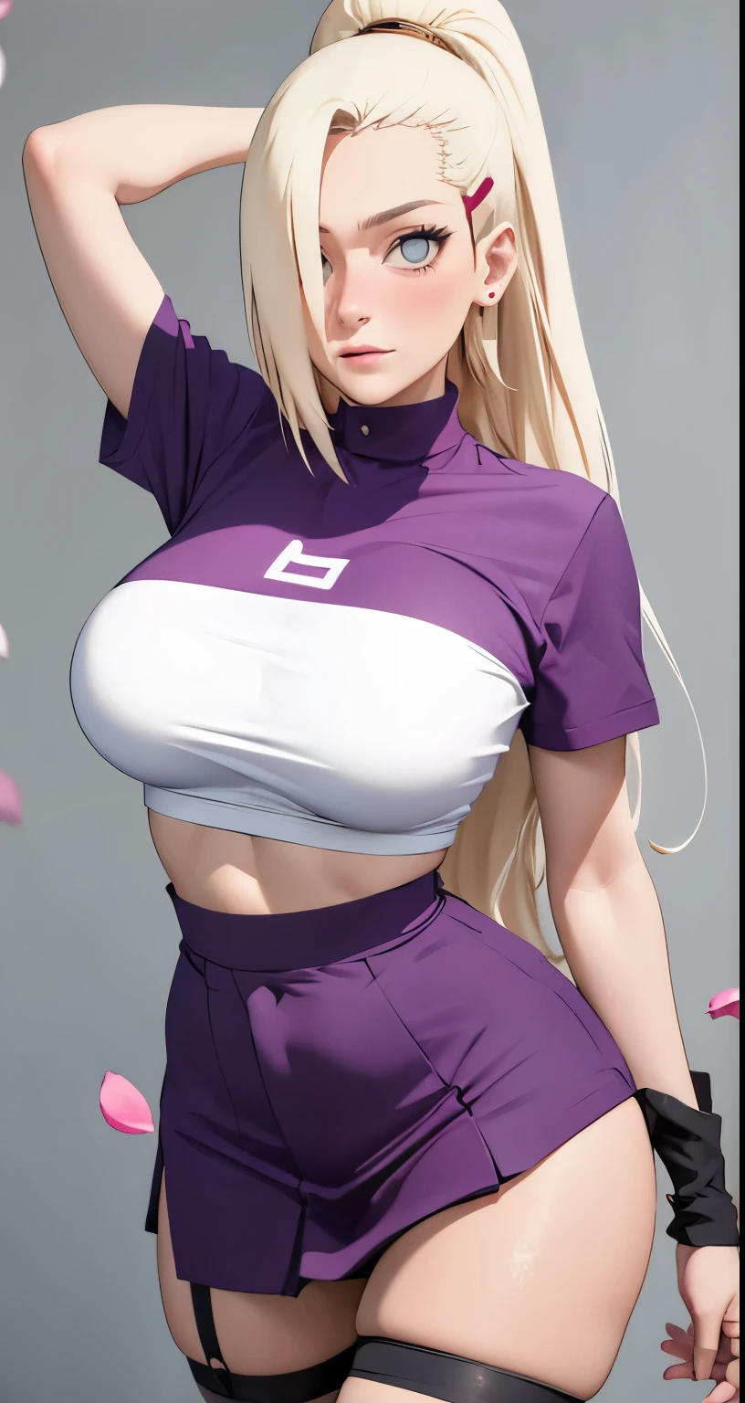 masterpiece, absurdres, ino yamanaka, 1girl, solo,mature female, tight t-shirt, high waist short skirt, looking at viewer, (falling petals), perfect composition, detailed lips, big breast, beautiful face, body propotion, blush, (pink lips), long hair, purple eyes, soft gaze, super realistic, detailed, photoshoot, realistic face and body, thighhighs