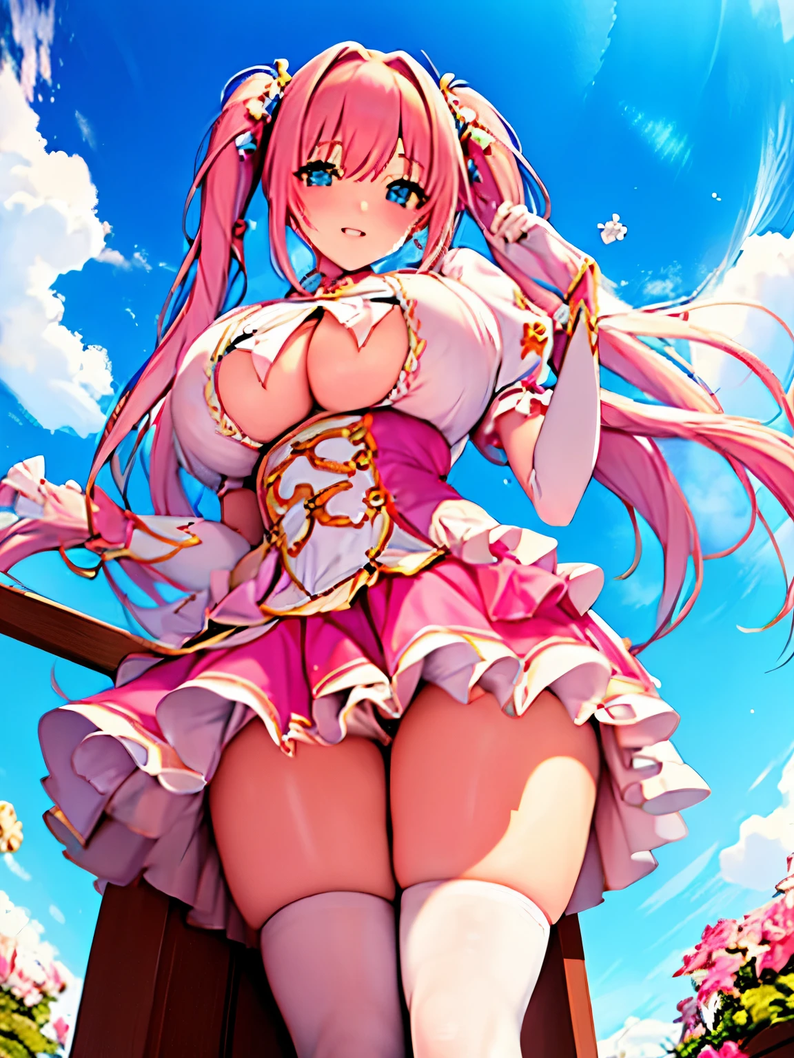 high quality,masterpiece。cute woman,woman with very long pink hair,Her hairstyle is long twin tails。She stands upright with her face and body facing the viewer,true identity。her hands are empty,Do not pose your hands。she looks tall。Her breasts are huge and very big,Good style。she is smiling with a cute face,Eye color is blue,both same color。Clothing that does not expose much of the chest,the costume covers the chest,magical girl costume costume,Costumes with fancy designs such as ribbons and frills,The costume has a color scheme using white and pink.,Skirt is a mini skirt。Long gloves on both hands,Long socks on both legs,All long gloves and long socks are white.。she is standing,The place you are standing is outdoors.。