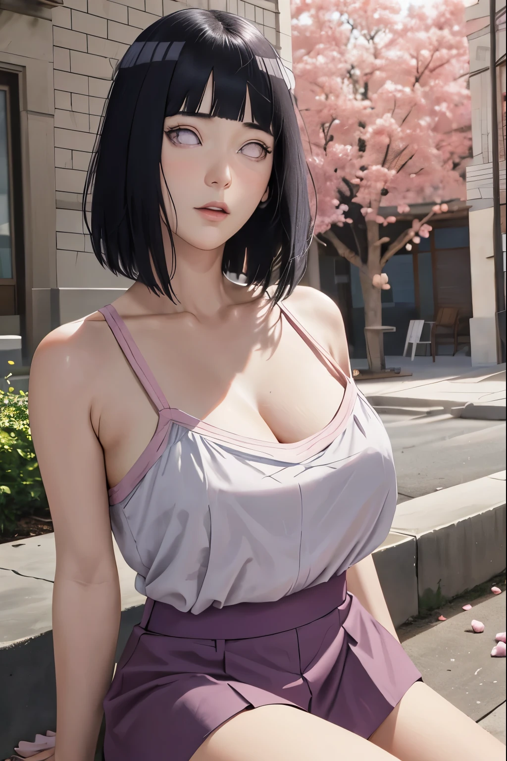 masterpiece, absurdres, hinata\(boruto\), 1girl, solo,mature female, spaghetti strap square neck, high waist short skirt, looking at viewer, (falling petals), perfect composition, detailed lips, big breast, beautiful face, body propotion, blush, (pink lips), long hair, purple eyes, soft gaze, super realistic, detailed, photoshoot, realistic face and body,