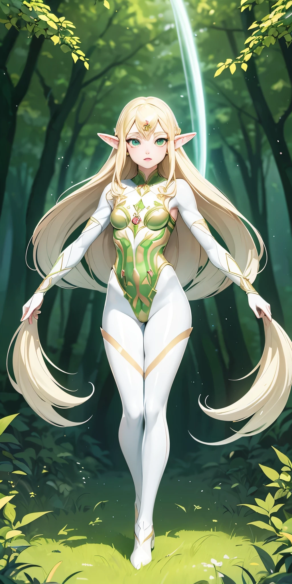 (masterpiece, best quality), (full body:1.6), standing (small fighting elven 1girl:1.6),(magical),(cute,adorable:1.3),blonde hair, green eyes, medium breast, beautiful, detailed, enchanted breastplate with precious gemstones, white thigh-high greaves, seductive pose, in a forest, magic flora, detailed face and eyes, volumetric light,(ultra quality skin:1.7),