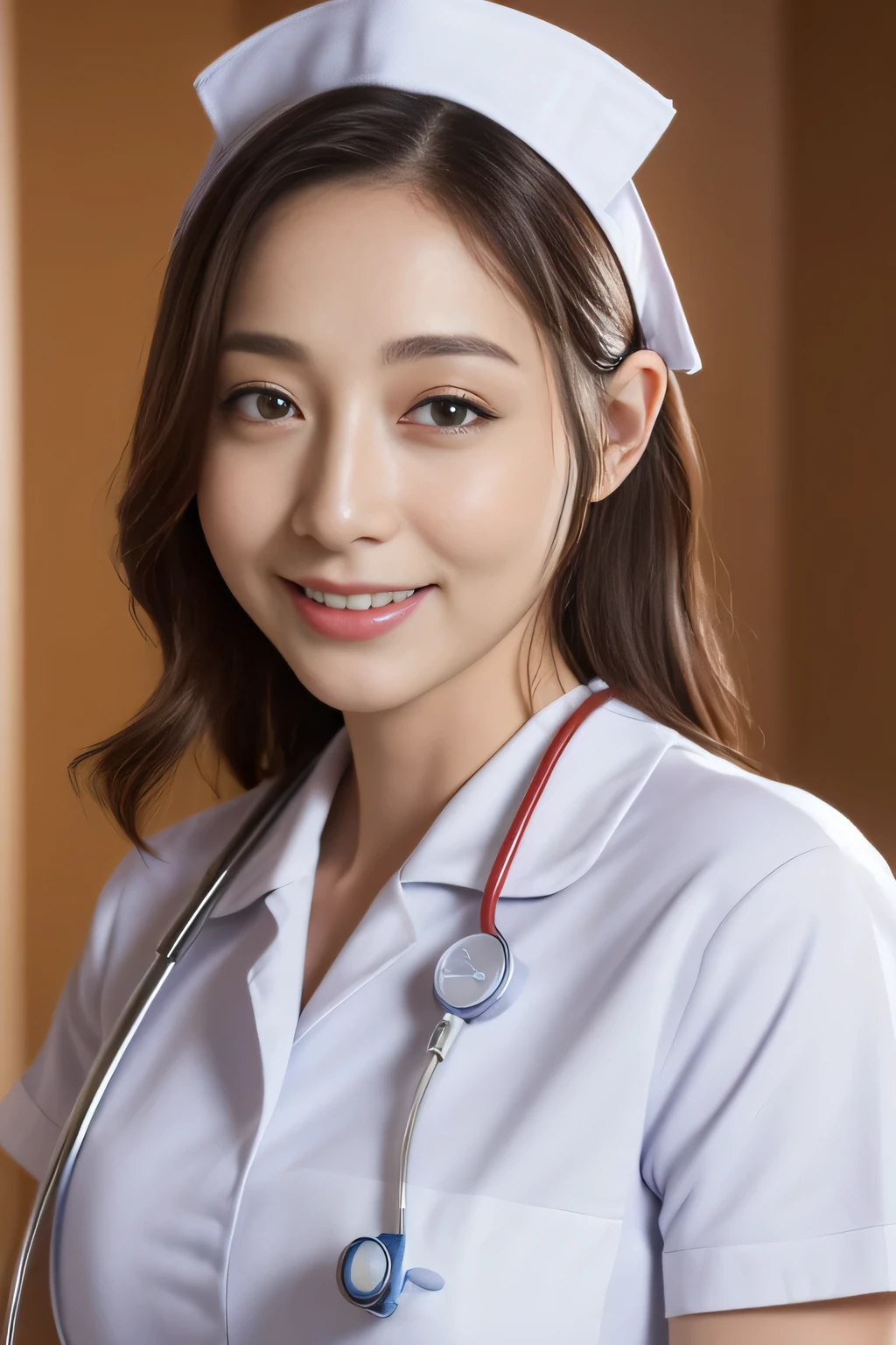 ((highest quality、8k、masterpiece:1.3))、sharp:1.2、perfect body beauty:1.4、slim abs:1.2、big、beautiful face、laughter、((nurse:1.3))、(hospital room background:1.2)、straight hair、Highly detailed face and skin texture、detailed eye、looking at camera、
