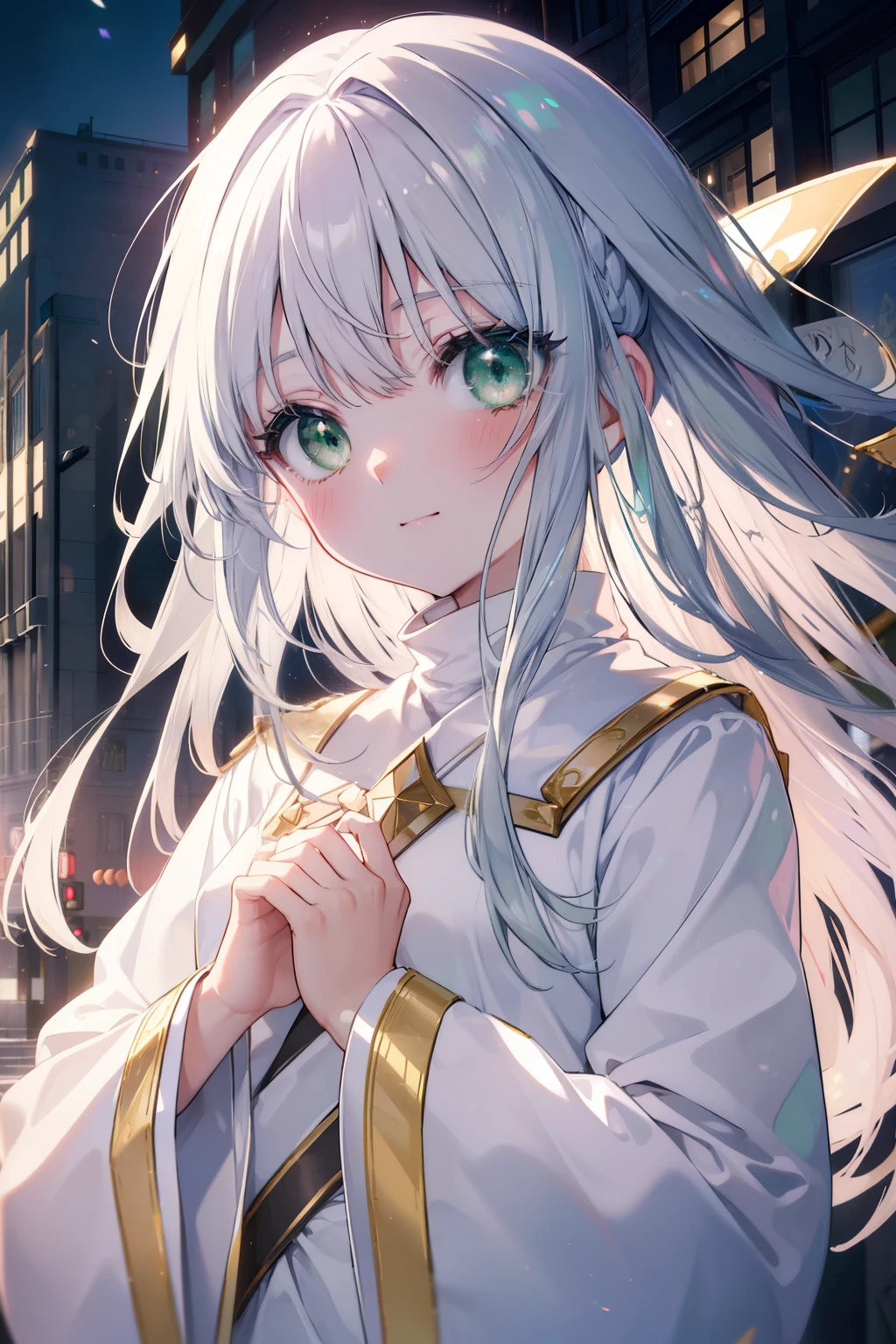 index, index, (green eyes:1.5), silver hair, long hair, (flat chest:1.2),blush,smile,
break habit, long sleeve, nun, robe, white robe, wide sleeve,肉まんを両手で持ちながら食べ歩きするsilver hairの女の子,
break looking at viewer,
break outdoors, In town,building street,
break (masterpiece:1.2), highest quality, High resolution, unity 8k wallpaper, (figure:0.8), (detailed and beautiful eyes:1.6), highly detailed face, perfect lighting, Very detailed CG, (perfect hands, perfect anatomy),