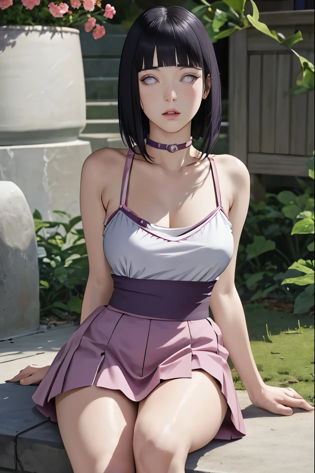 Ultra-realistic 8K CG,masterpiece,((Highly detailed background, Delicate pattern, Intricate details)),he is kneeling with her legs open, her white panties are visible、Beautiful boobs、White panties are visible in the Iaido pose、front、Beautiful thighs、Highest quality,very detailed face,Very beautiful eyes and face,Very beautiful eyes,Kocho Shinobu,Colorful Hair,No bangs,Hair intake,Purple eyes,amount,,belt,(garden:1.2),Purple Flower,a bit,cloudy null,sunlight,Tyndall effect,slope_null,face,Gorgeous null,West Saber,Attractive posture,