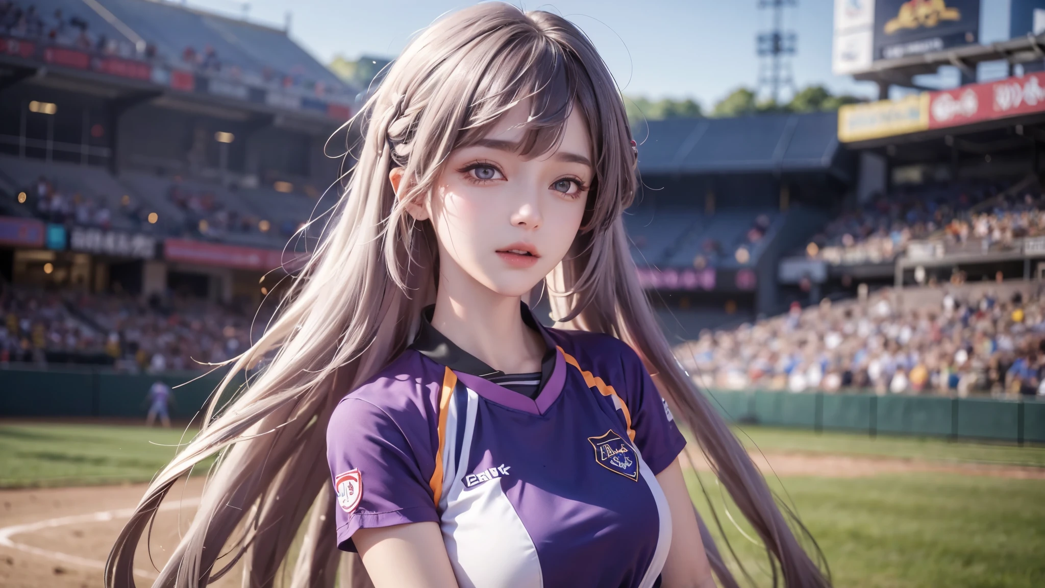 masterpiece,top quality,(realistically,realistically:1.4),(original photo:1.4),very delicate的CG Unity 8K壁纸,very delicate美丽,wonderful,Attention to detail,official art,absurd,Incredibly Ridiculous Resources,File size is huge,very good,very delicate,beautiful eyes and face,beautiful and delicate eyes,There is light on the face,a girl,long white hair,(pom poms)navel,upper part of body,baseball uniform, Baseball field, Baseball pitching action,bare arms, through bangs, ulzang-6500-v1.1