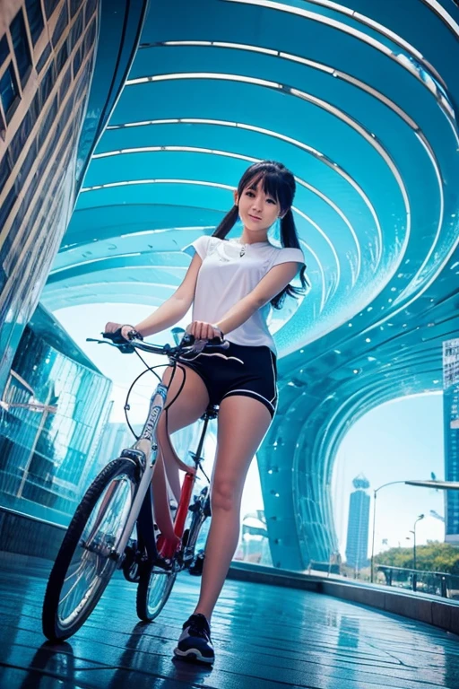 cute anime girl rides a bicycle, in running shorts, short shorts, A complex water structure in a futuristic city
