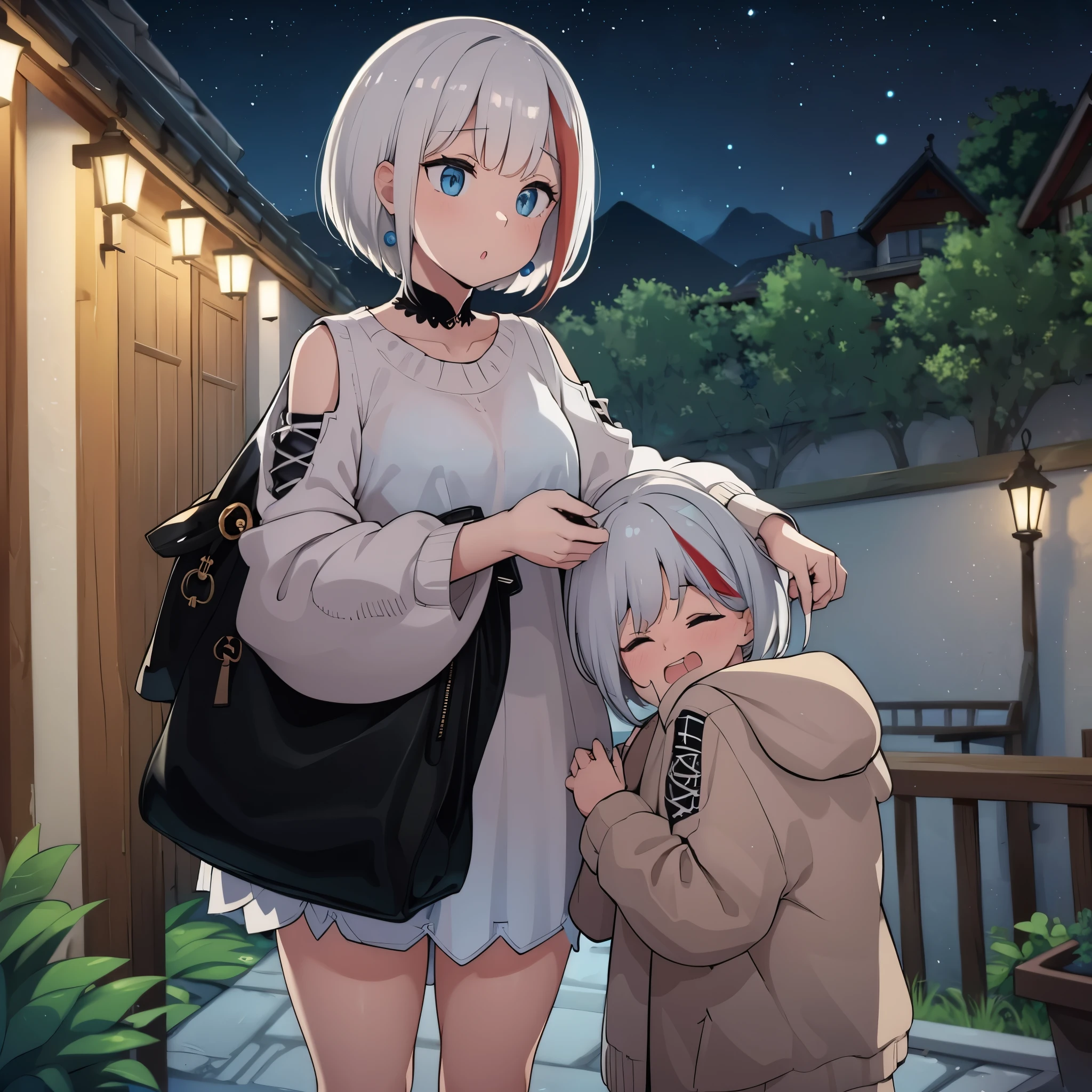 a woman outside a German house in a garden at night
