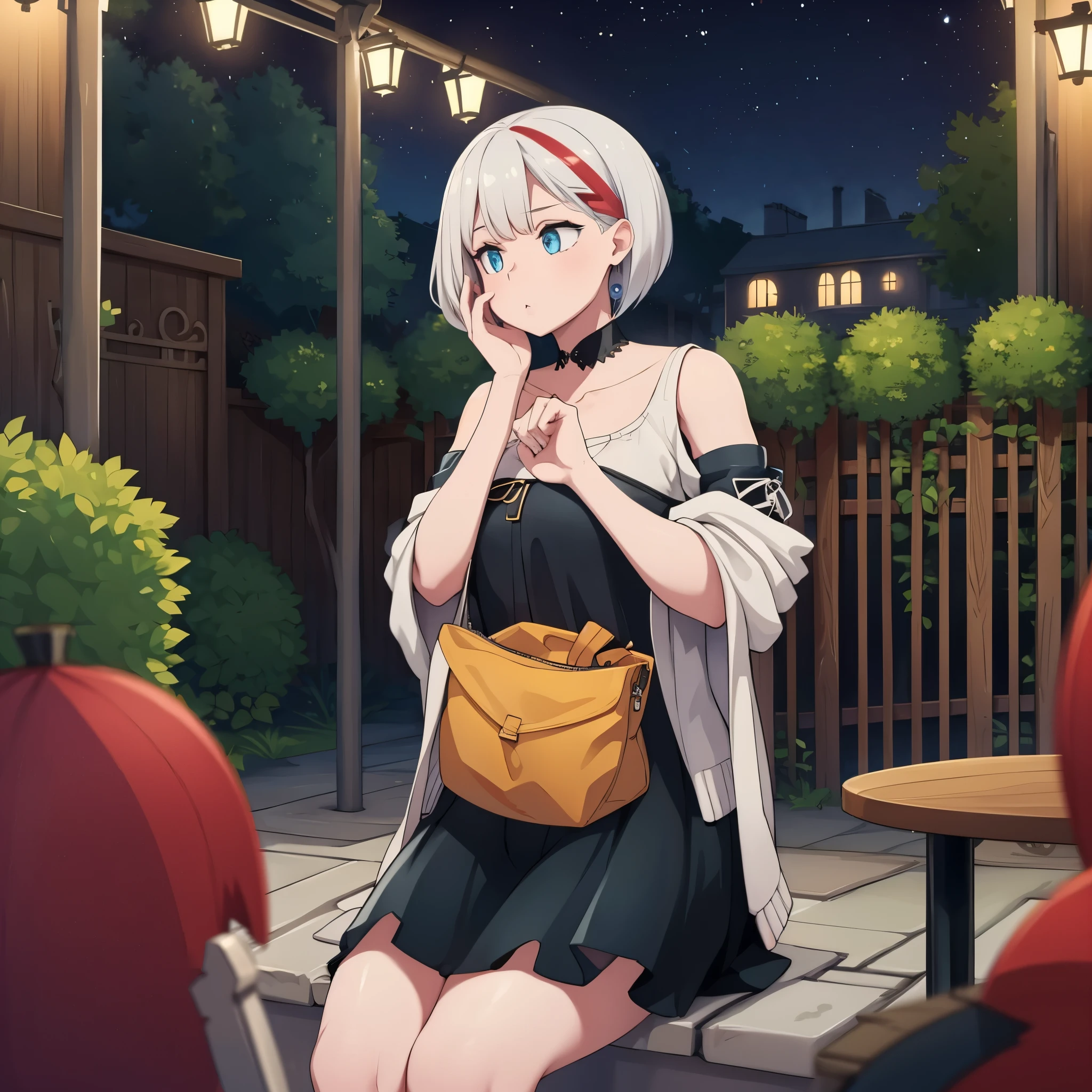 a woman outside a German house in a garden at night