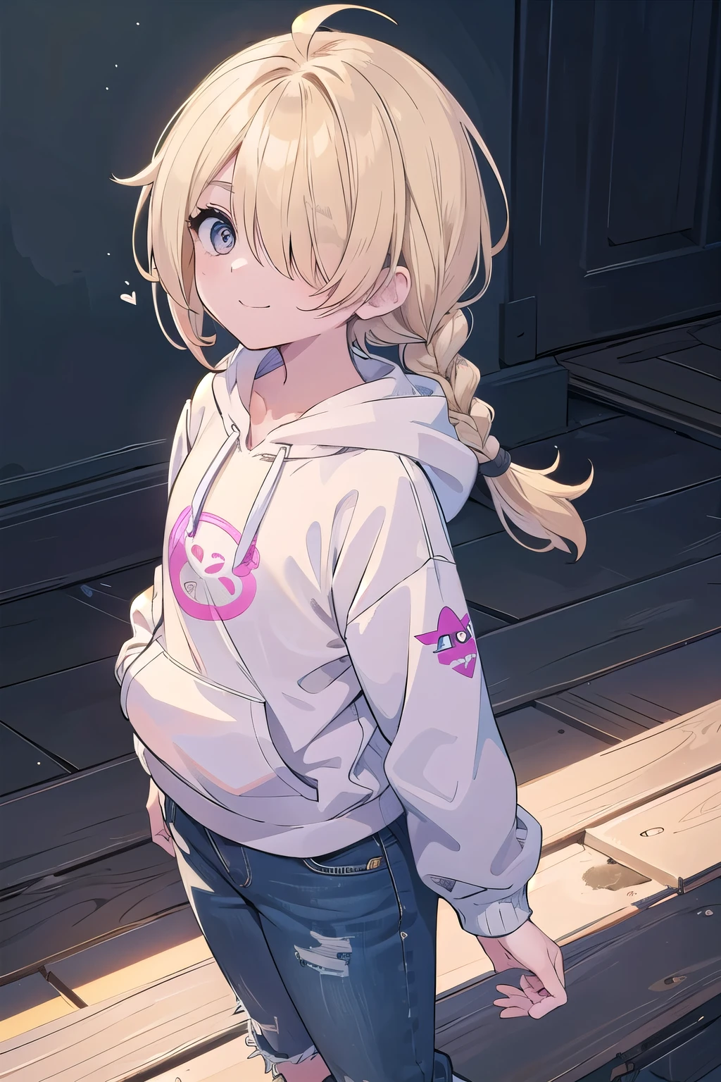 (masterpiece:1.2), (highest quality:1.2), perfect eyes, perfect face, perfect lighting, middle ages, room, 1 boy,blonde yellow eye, ((((((hair over one eye,)))))), Braidスタイル, spike hair, dull bangs, bob hair, Braid, Ahoge, cute eyes, Medium chest, , ((From above)), closed mouth, vivid description,orgasm, I was scared, Ahegao, smile+Happy, tooth, anger, From the side, She is wearing pink shorts with jeans textured lace, wears hoodie in yellow modern style fashion, Are standing, arm behind back