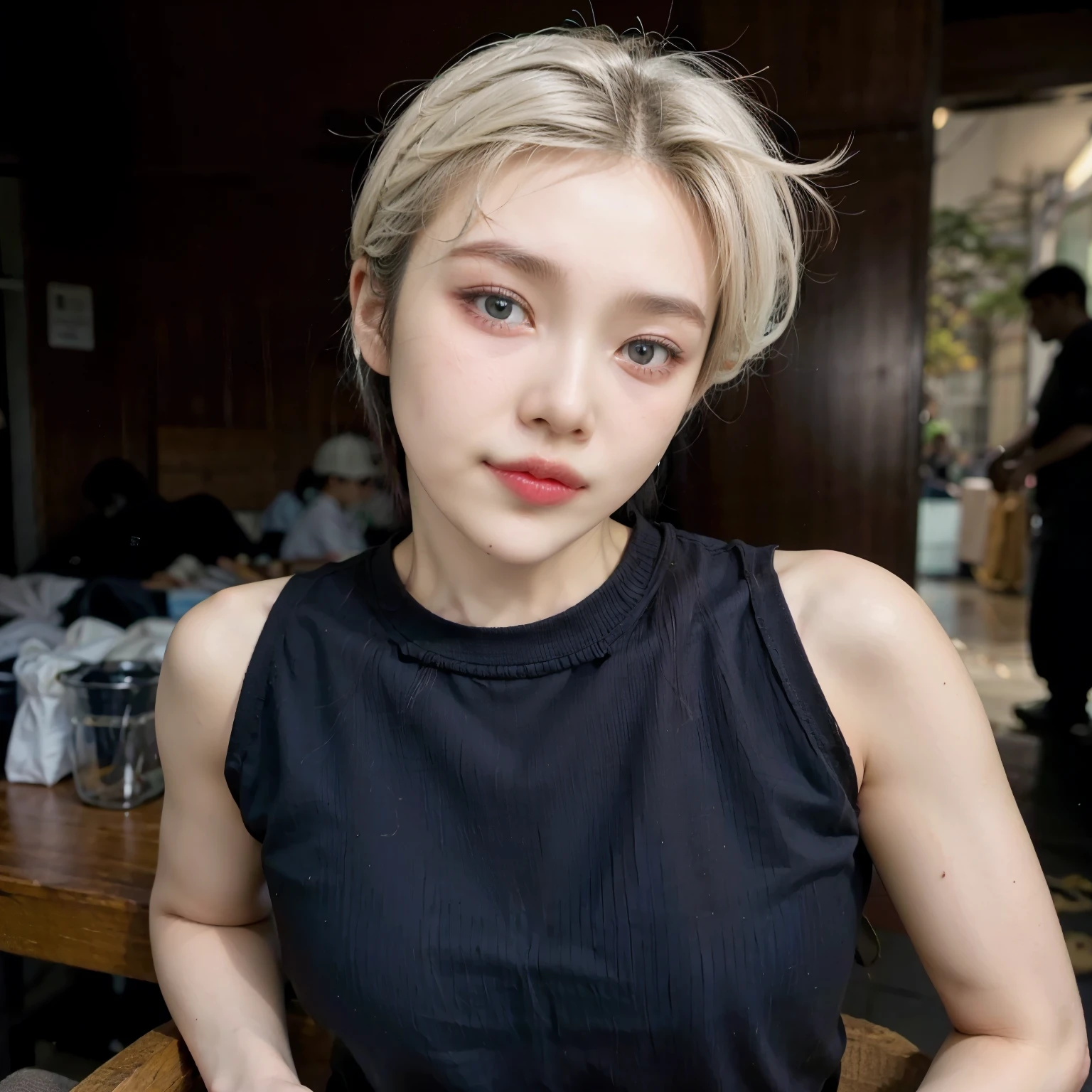 mulher loira arafada com blusa preta e blusa preta, cabelo curto platinado moleca, franja branca, com cabelo branco curto, dua lipa, corte de duende, cabelo curto loiro descolorido, cabelo branco com franjas, cabelo curto com gel, cabelo loiro curto, androgynous face, an epic non-binary model, short messy hair