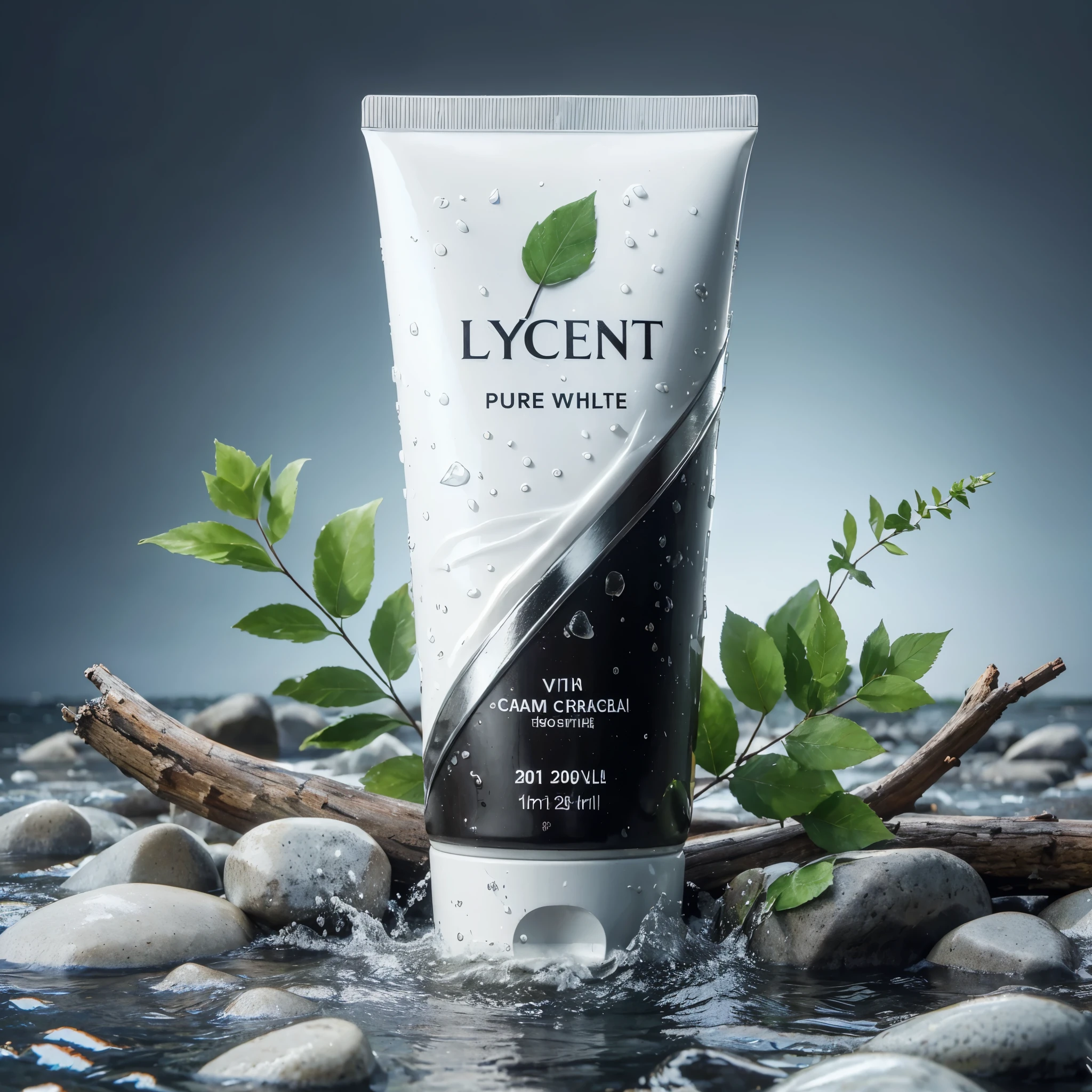 create a realistic image of a cream tube. the tube has combining half white half black color with silver line divide them. the lid is white doff color. on the tube says "LYCENT" "PURE WHITE","facial foam" "with activate charcoal" "200ml". the tube is place on surface of the the river with some rocks, branches, leaves beside the tube. put a green leave logo, small picture of charcoal on tube. put some sweat on the tube. vivid colors, uhd 128k , photorealistic, hyper detailed
