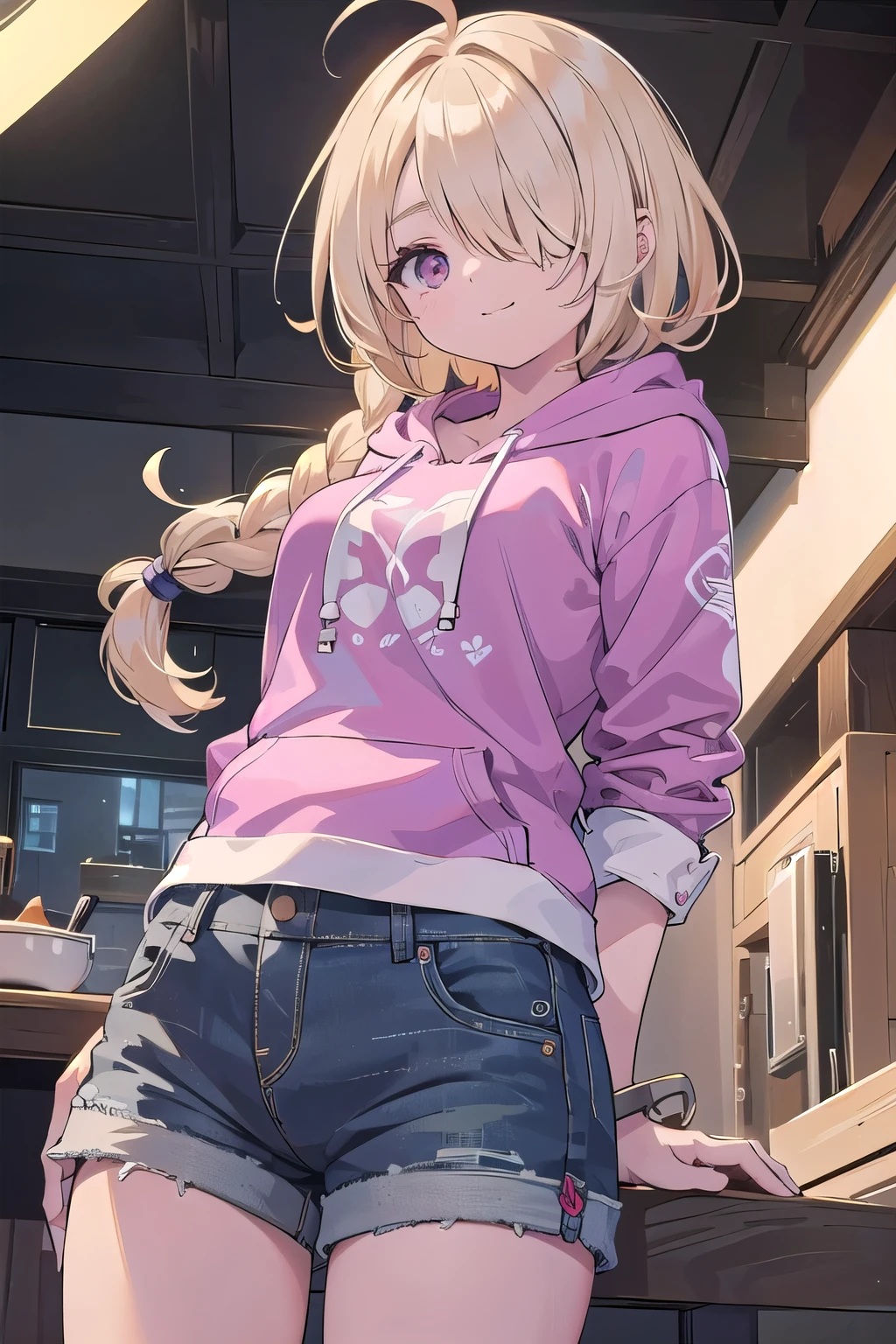 (masterpiece:1.2), (highest quality:1.2), perfect eyes, perfect face, perfect lighting, middle ages, room, 1 boy,blonde　big breasts　red eye, ((((((hair over one eye,)))))), Braidスタイル, spike hair, dull bangs, bob hair, Braid, Ahoge, cute eyes, Medium chest, , ((from below)), closed mouth, vivid description,orgasm, I was scared, Ahegao, smile+Happy, tooth, anger, From the side, She is wearing pink shorts with jeans textured lace, wears hoodie in yellow modern style fashion, Are standing, arm behind back