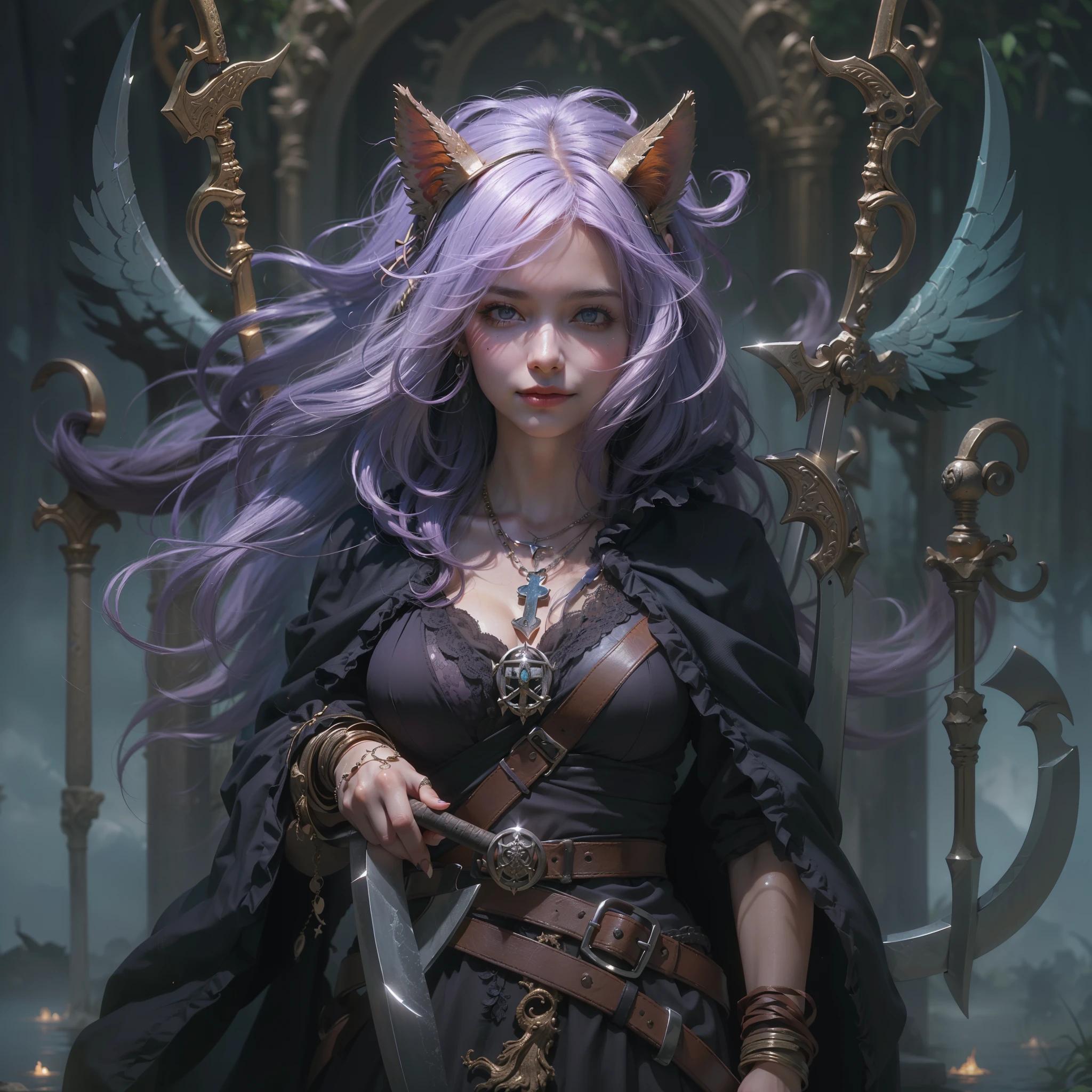 (cat ears on her head), (award-winning masterpiece, incredibly detailed, textured and maximally detailed), (hyper realistic:1.4), (realistic:1.3), (top quality realistic textured skin), (finely drawn true circle eyes), (detailed and beautiful face:1.6), ((medieval world)), (grim reaper), (cold eyes), (she has a nasty smile on her face, but her eyes are not smiling:1.3), (in her hand she holds a scythe that reaps souls:1.5), (eyes glowing red in the dark), (dramatic light), (magnificent sight), her expression is kind and beautiful, but somehow scary, folded wings, skull earrings, (((dramatic photo))), (twilight), (sunset), (dusk), ((dramatic pose)), (gorgeous photo), (purple hair), (silver hair), (chestnut hair)), ((looks up)), ((looks down)), (her neck is covered with an elaborate (A simple necklace of elaborate workmanship hangs around her neck.) (forgotten tombs overgrown with vegetation, great tombs, underground labyrinths, ruins of evil temples, temples of sacrifice), (eerie glowing magic circle:1.2), ruins of ancient castles, ruins of deserted graveyards, crumbling tumuli, ancient ruins of stagnant water, ruins of swamps, wavelets, flowing water, glowing majestic cloud masses and sky, lightning