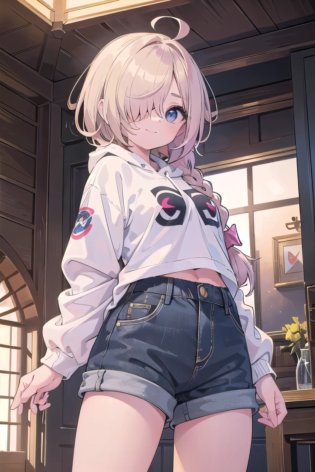 (masterpiece:1.2), (highest quality:1.2), perfect eyes, perfect face, perfect lighting, middle ages, room, 1 boy,blonde big breasts red eye, ((((((hair over one eye,)))))), Braidスタイル, spike hair, dull bangs, bob hair, Braid, Ahoge, cute eyes, Medium chest, , ((from below)), closed mouth, vivid description,orgasm, I was scared, Ahegao, smile+Happy, tooth, anger, From the side, She is wearing pink shorts with jeans textured lace, wears hoodie in yellow modern style fashion, Are standing, arm behind back