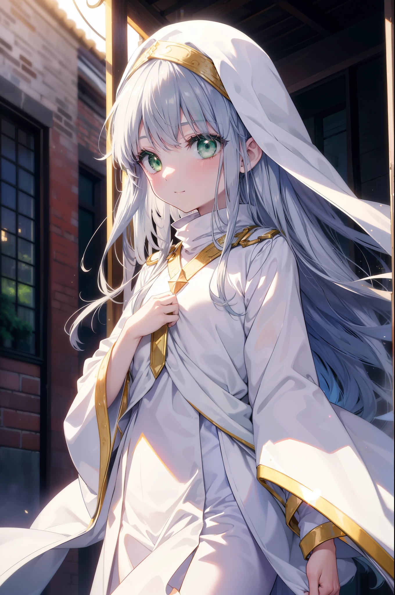 index, index, (green eyes:1.5), silver hair, long hair, (flat chest:1.2),blush,smile,
break habit, long sleeve, nun, robe, white robe, wide sleeve,肉まんを食べ歩きするsilver hairの女の子,daytime,Light of the sun,
break looking at viewer,
break outdoors, In town,building street,
break (masterpiece:1.2), highest quality, High resolution, unity 8k wallpaper, (figure:0.8), (detailed and beautiful eyes:1.6), highly detailed face, perfect lighting, Very detailed CG, (perfect hands, perfect anatomy),