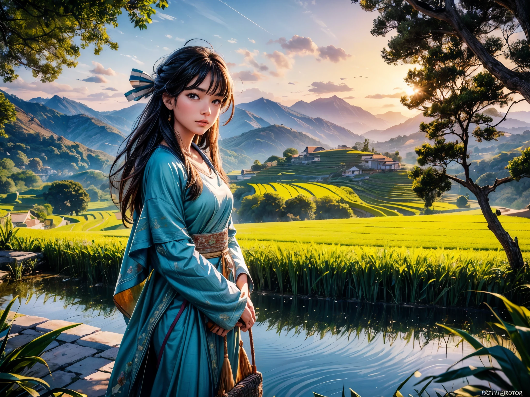 (best quality,4k,8k,highres,masterpiece:1.2),ultra-detailed,(realistic,photorealistic,photo-realistic:1.37),peaceful rural landscape,sunset over terraced rice fields,autumn color palette,harvest season,farmers working in the field,serene atmosphere,reflection of the sky and sea on the rice paddies,stunning natural scenery,golden sunlight,tranquil ambiance,harmonious blend of nature and human activity,subtle breeze rustling the rice stalks,colorful foliage,tranquility of the countryside,a girl in traditional attire harvesting rice,her focused expression,farm tools and baskets,meticulously designed terraced fields,exquisite details on the ripening rice,breathtaking view of the landscape,stunning play of light and shadow,immersive and captivating experience,vivid colors of the fields and surrounding nature,hint of nostalgia,evoking a sense of calm and serenity,majestic beauty unfolding before your eyes,meticulously composed painting,serene composition,impressive level of realism,meticulous attention to detail.