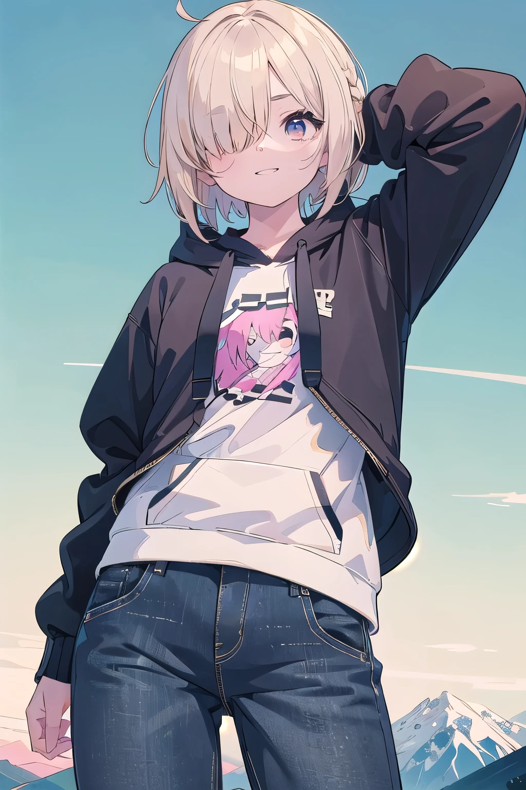 (masterpiece:1.2), (highest quality:1.2), perfect eyes, perfect face, perfect lighting, mountainous horizon, 1 boy,blonde big breasts red eye, ((((((hair over one eye,)))))), Braidスタイル, spike hair, dull bangs, bob hair, Braid, Ahoge, cute eyes, Medium chest, , ((((from below)))), closed mouth, vivid description,orgasm, I was scared, Ahegao, smile+Happy, tooth, anger, From the side, She is wearing pink shorts with jeans textured lace, wears hoodie in yellow modern style fashion, Are standing, arm behind back
